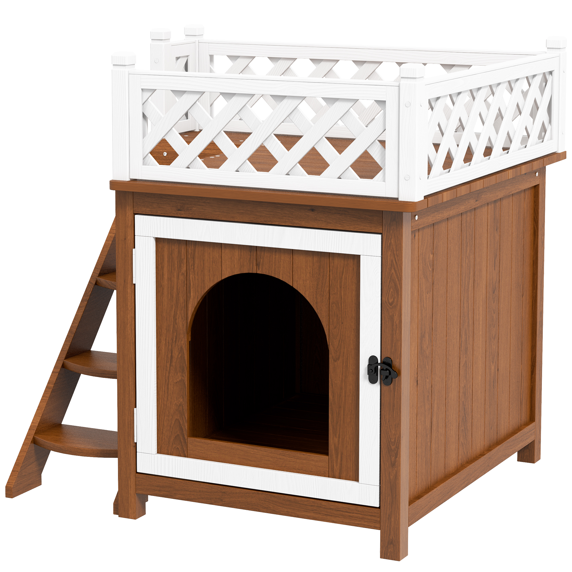Katzenhaus, zweistöckig, mit Balkon und Treppe, für drinnen und draußen, für Katzen und Kaninchen, Tannenholz, Braun Katzenhaus, zweistöckig, mit Balkon und Treppe, für drinnen und draußen, für Katzen und Kaninchen, Tannenholz, Braun