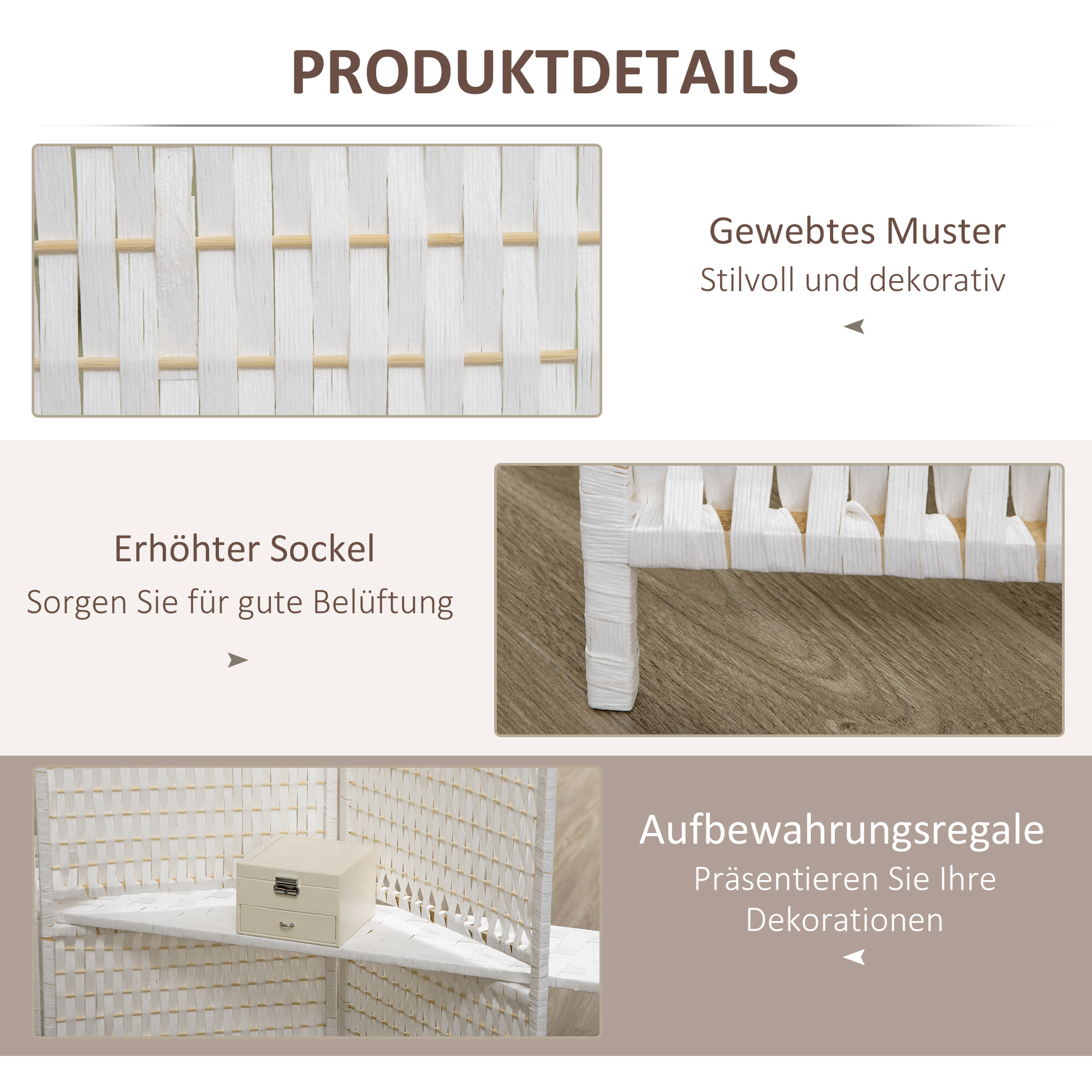 Paravent 4-teilig 181 x 180 cm Faltbar Raumteiler mit 2 Regalen aus Kiefernholz, Bambus für Schlafzimmer, Weiß