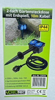 Gartensteckdose mit Erdspieß, 2-fach, IP44, 10m Kabel