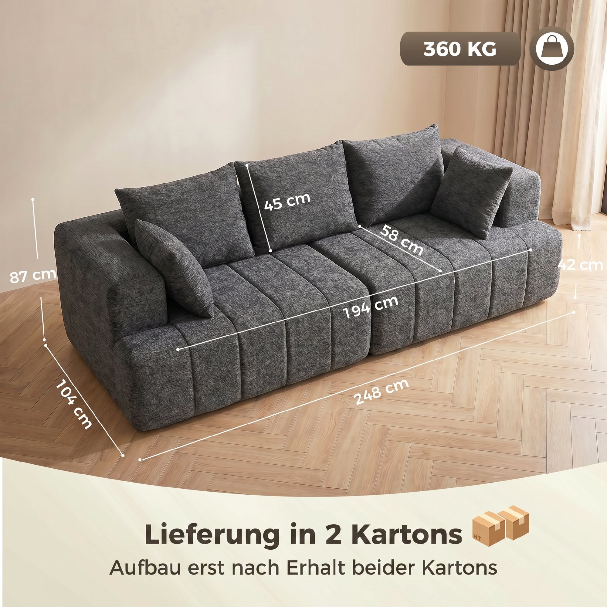 3-Sitzer-Sofa, Cloud-Sofa aus Chenille mit dicker Federkernpolsterung, breiter und tiefer Sitzfläche, breiten Armlehnen, Kissen, grau