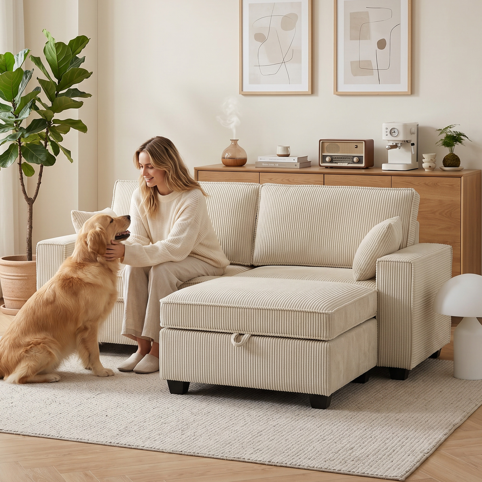 Ecksofa 216 cm 3-Sitzer L-Form Sofa mit Umkehrbarem Aufbwahrungshocker, Cord-Optik, Breiter Sitzfläche, für Wohnzimmer