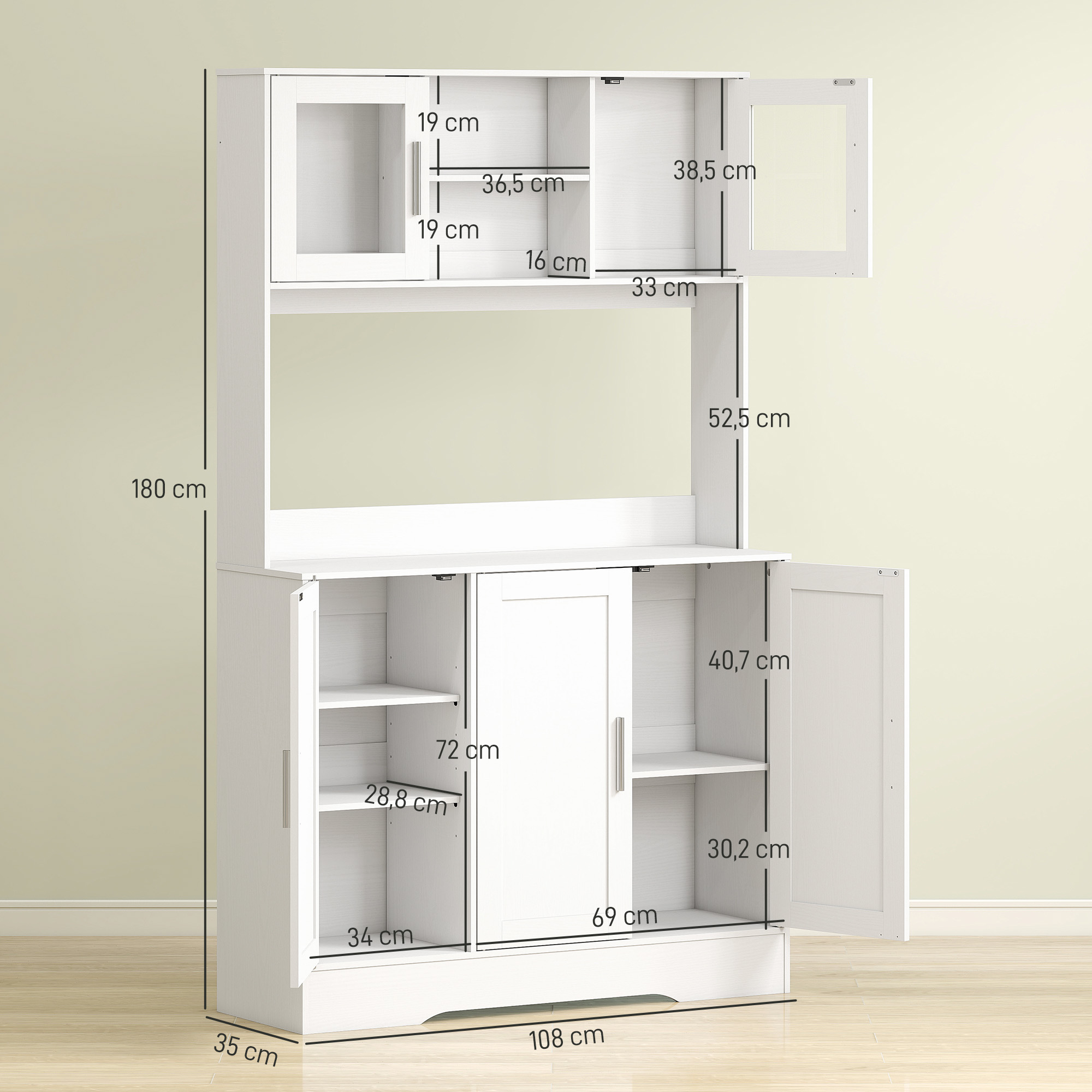 Küchenschrank, Skandinavisches Design, 4 Schränke, verstellbare Regale, Glastüren, offene Fläche, Spanplatte, MDF, Weiß