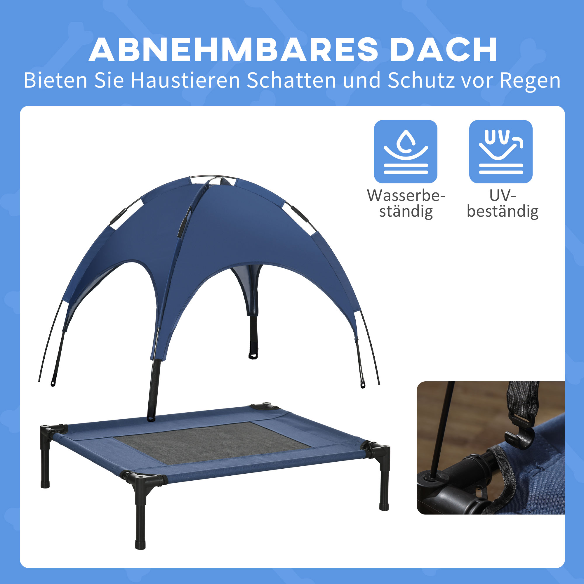 Haustierbett mit Baldachin, Hundebett, klappbar, wetterbeständig, Blau
