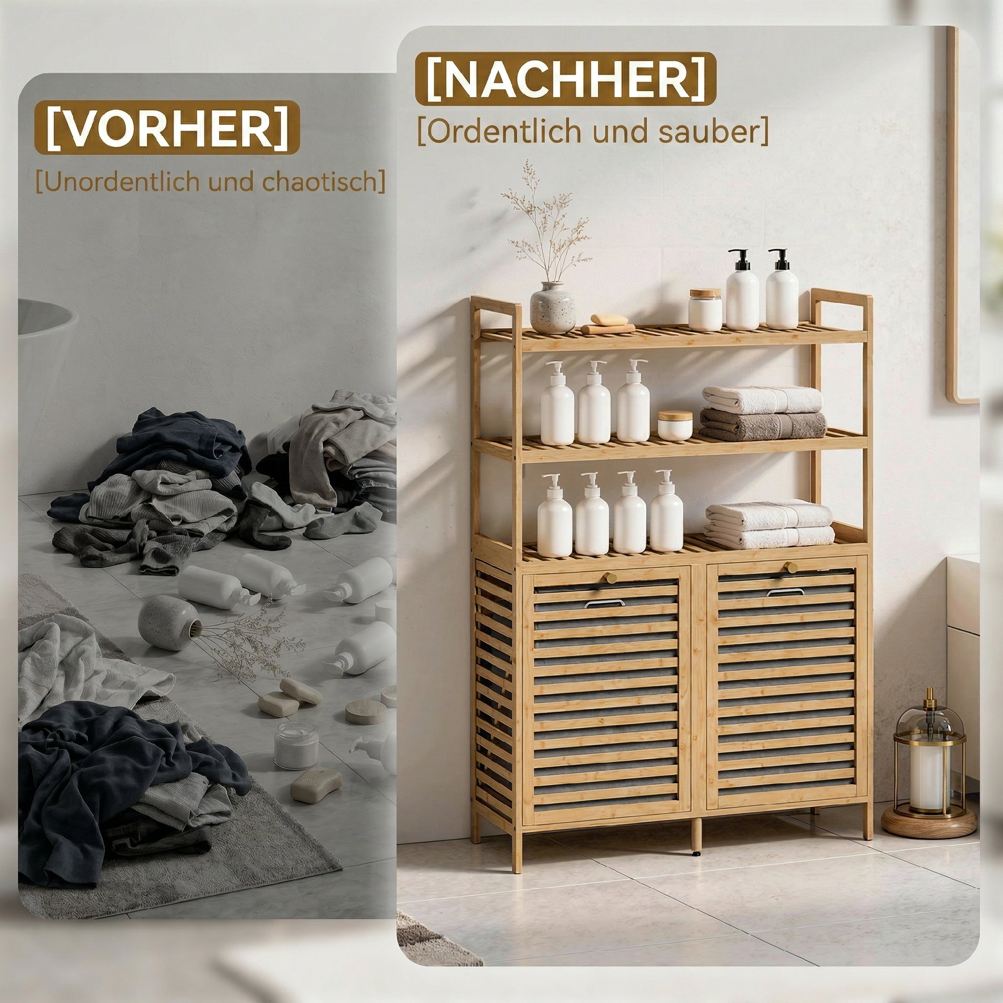 Doppel-Wäscheschrank mit Kippfunktion, freistehender Bambus-Schrank, 2 herausnehmbare Körbe, 3 Ablagefächer, Eiche