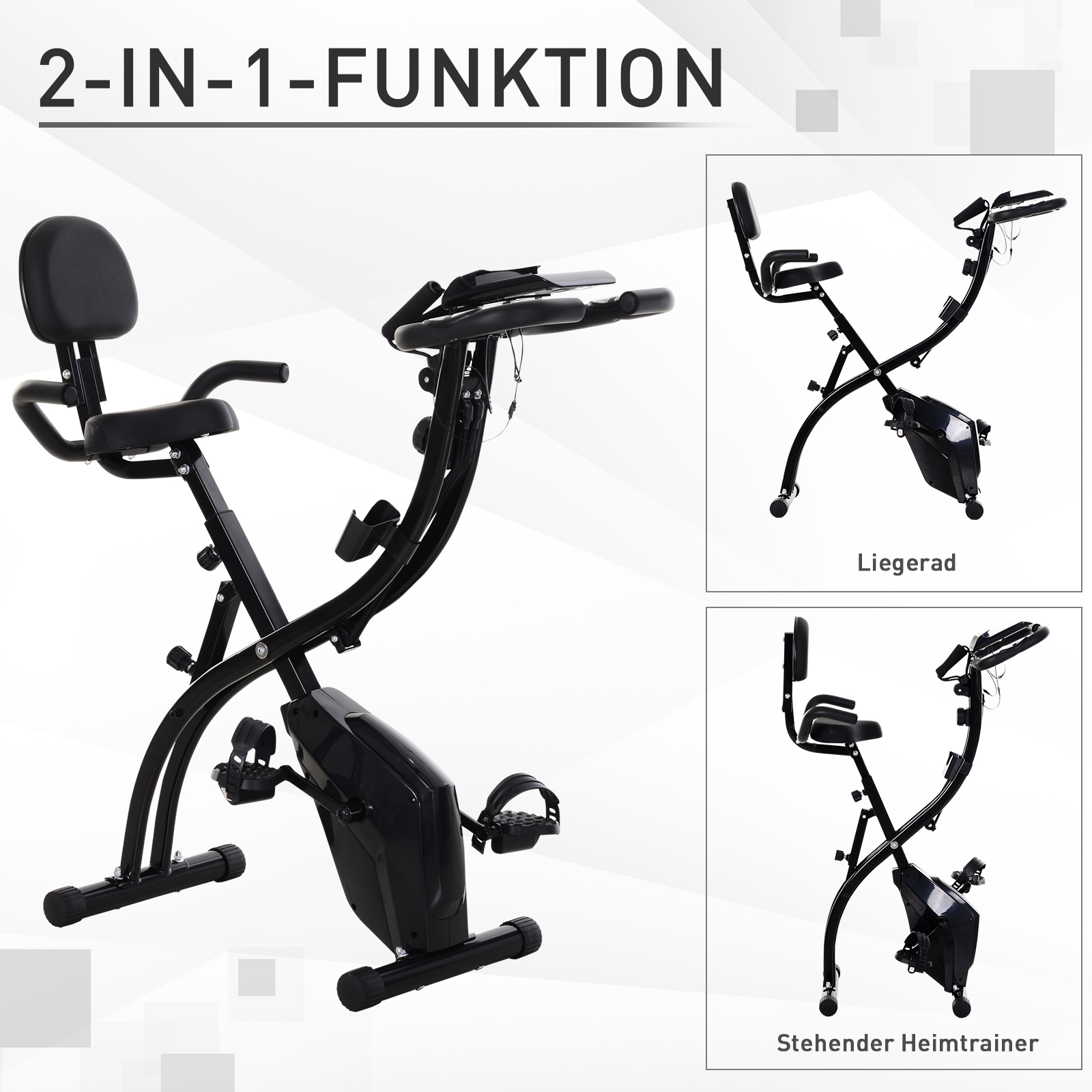 Heimtrainer 2-in-1 Fahrradtrainer mit LCD-Display Pulsmesser verstellbar Sitz Räder, klappbarer Hometrainer Trimmrad mit 8 stufig Magnetwiderstand, Spannseil, Stahl