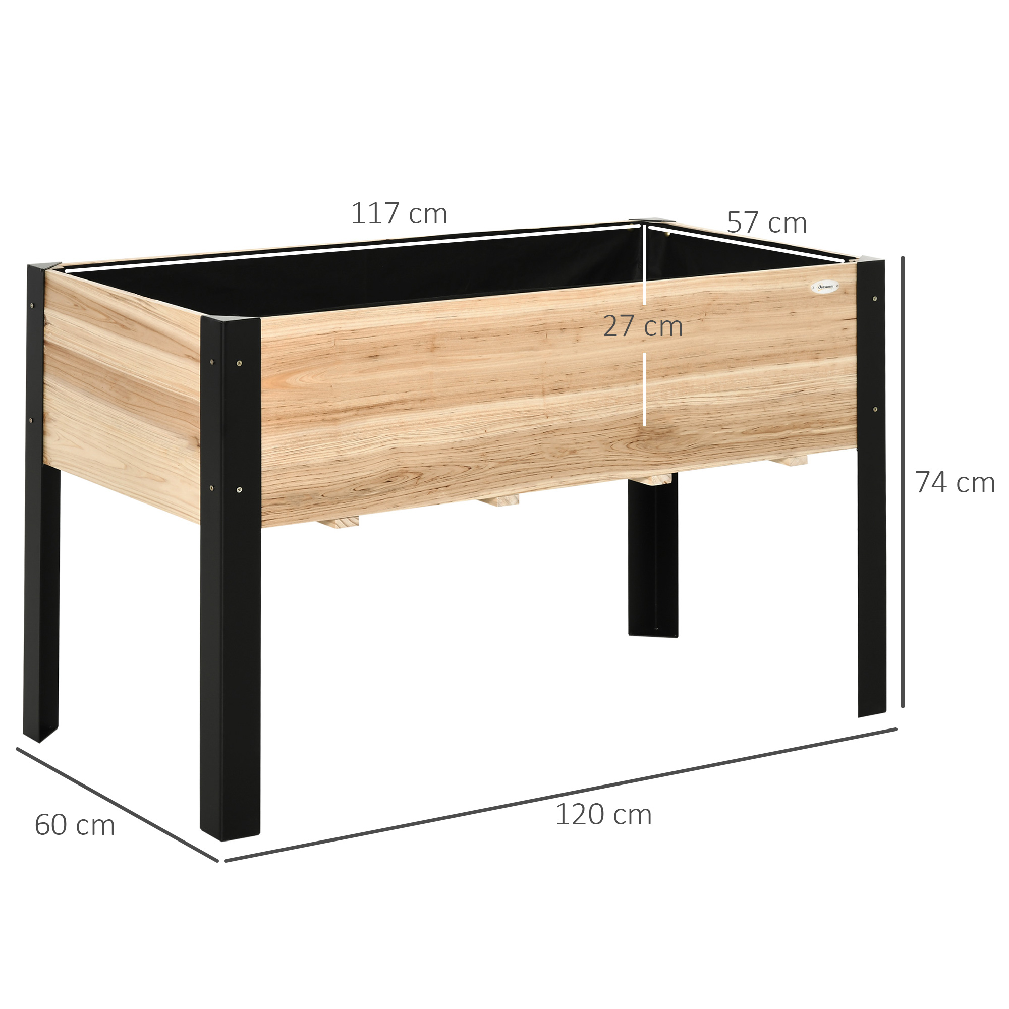Hochbeet Pflanzkasten Blumenkasten Blumentopf Kräuterbeet mit Vliesstoff Massivholz Stahl Natur+Schwarz 120 x 60 x 74 cm