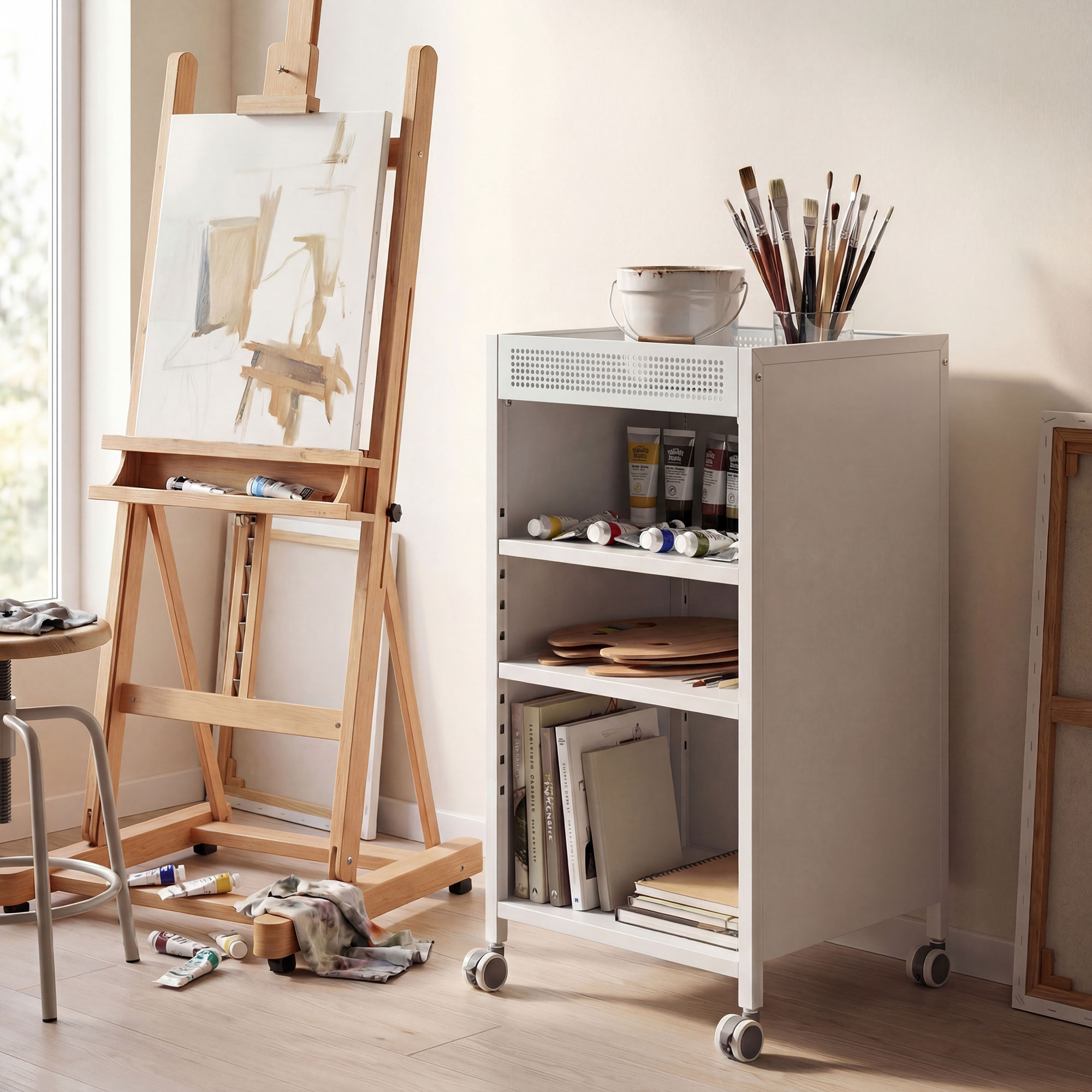 Bücherregal mobil mit verstellbaren Regalen, 3-stufiger Rollwagen mit oberem Korb, Weiß