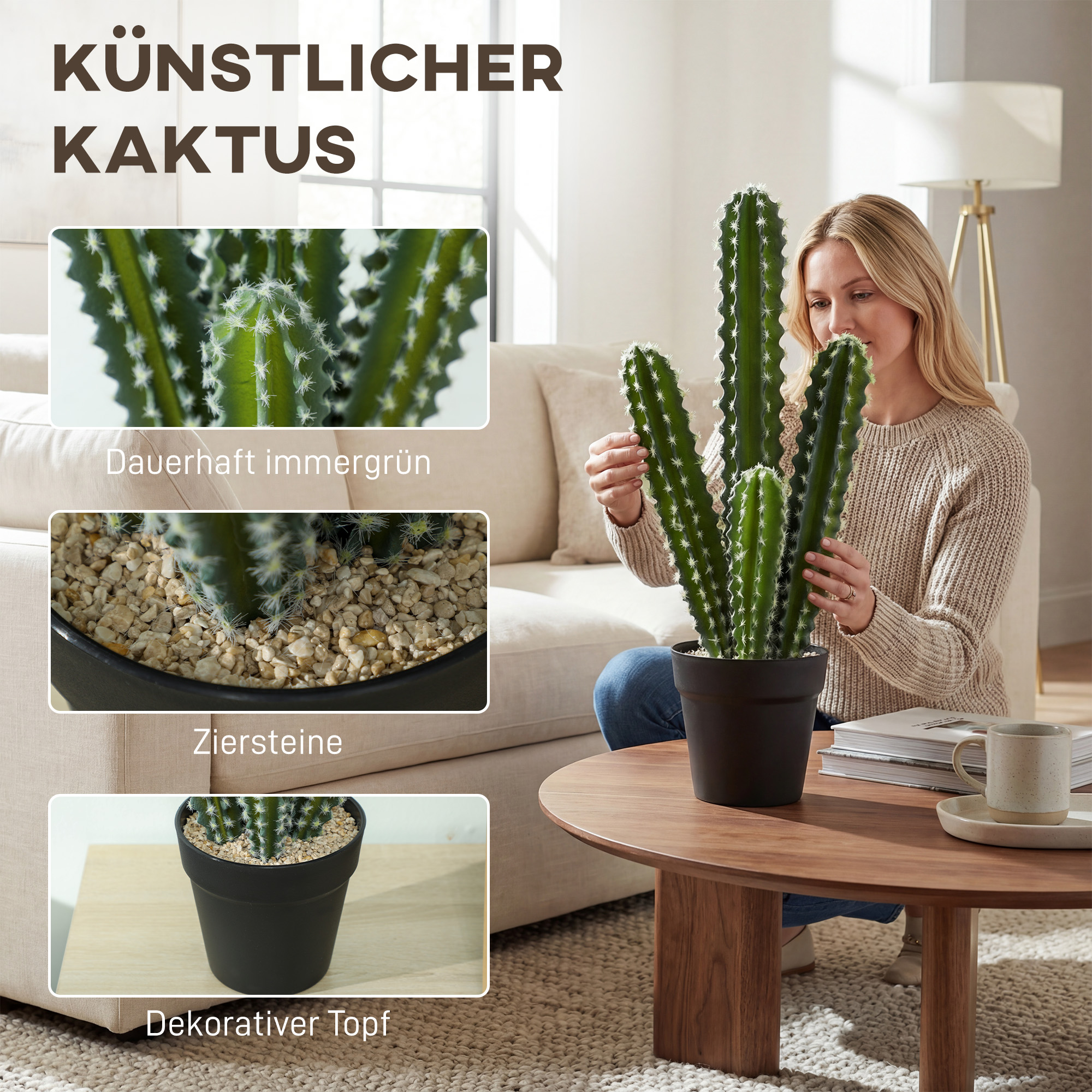 Kunstpflanze Kaktus Pflanzen 53 cm künstliche Pflanzen im Topf für Zuhause, Büro