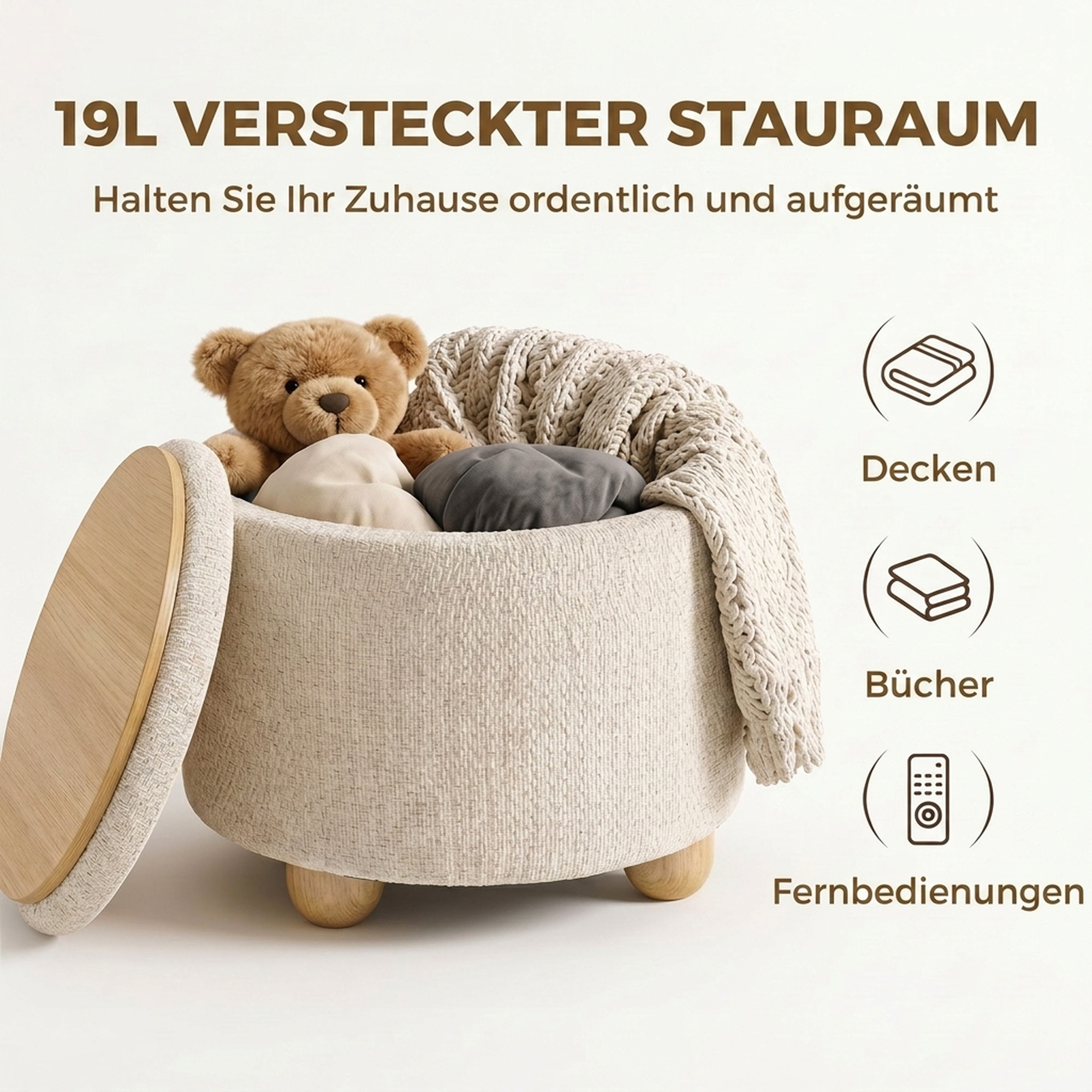 Hocker mit Stauraum, Runder Sitzhocker mit Deckel, Leinenoptik für Wohnzimmer, Schlafzimmer, 38,5x38,5x33,5 cm Beige