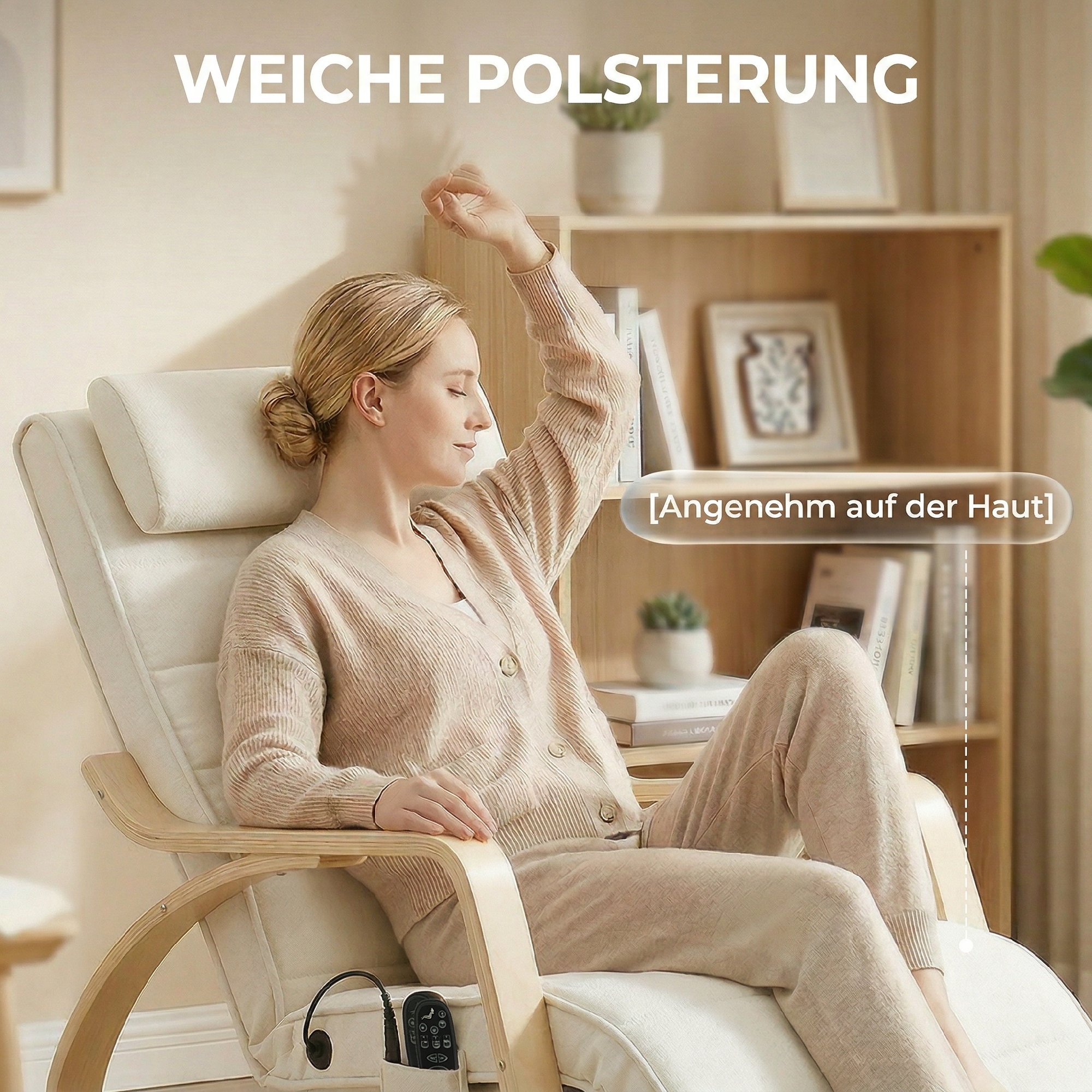 Schaukelstuhl mit Massage, Heizung, Kopfstütze & Fußstütze, Samtbezug, Relaxsessel, Cremeweiß