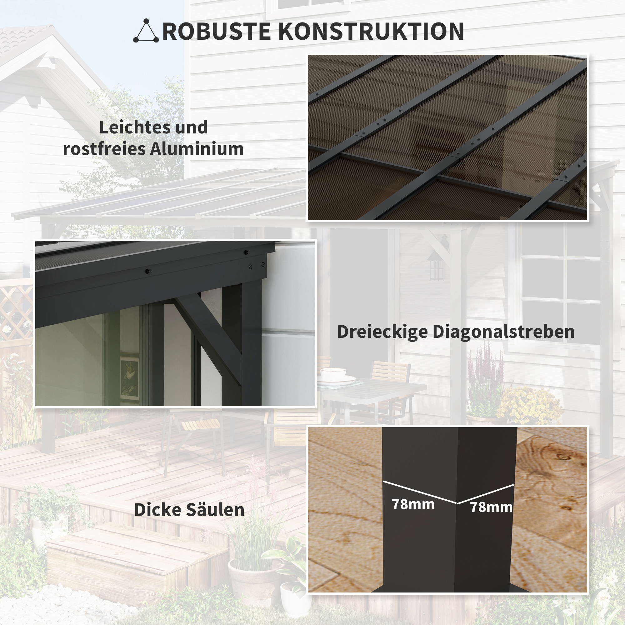 Terrassenüberdachung ca, 3 x 4,3m freistehende Terrassendach mit schrägen Polycarbonat-Dach Wandmontage Dunkelgrau