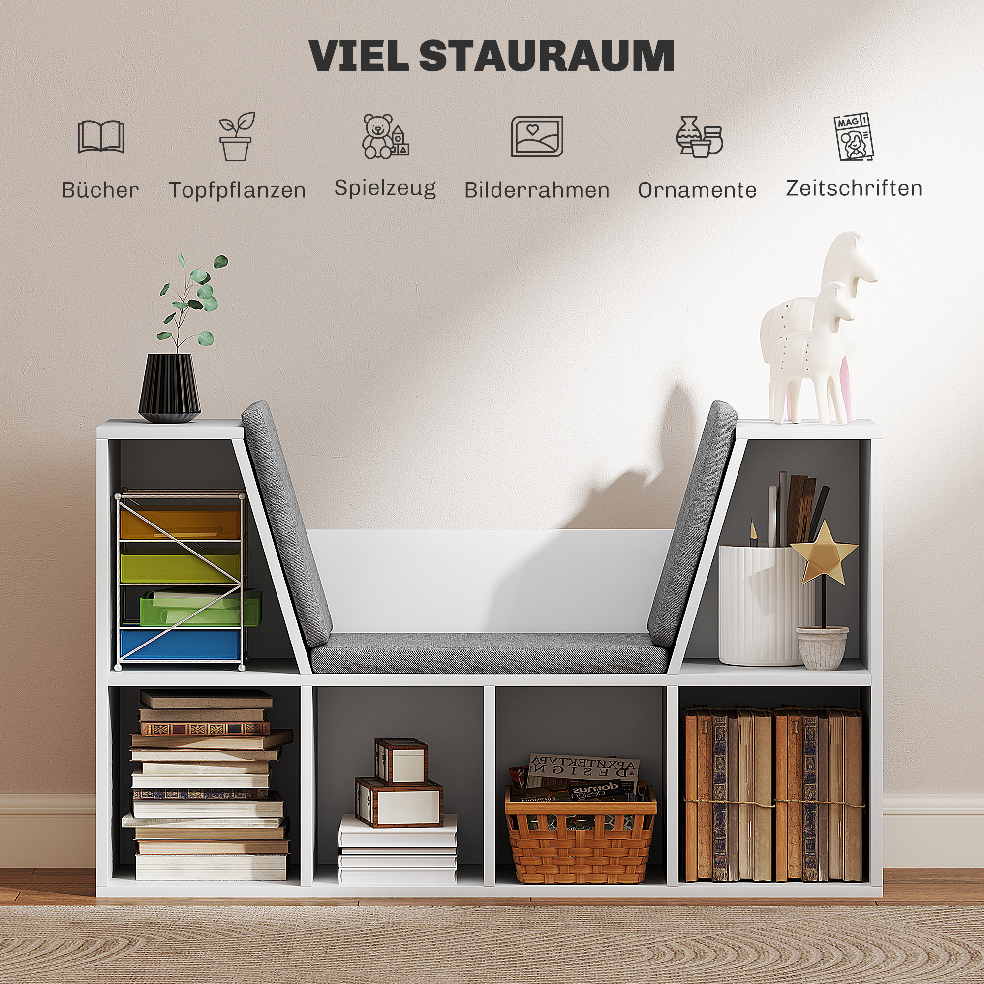 Bücherregal mit Sitzfläche, 6 Fächer, gepolstert, 105 x 30 x 63 cm, Weiß