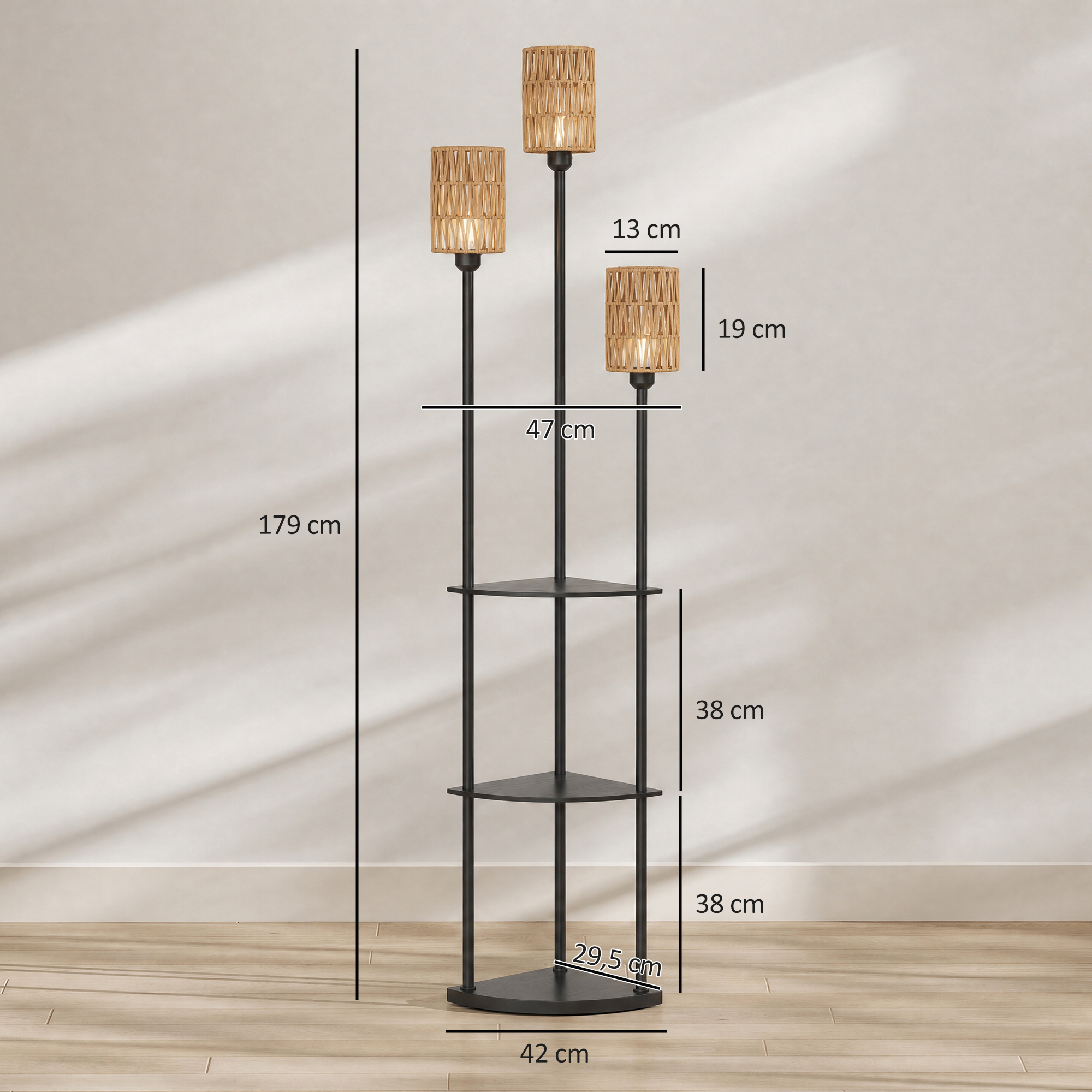 Stehlampe Boho 3-flammig Stehleuchte 3 Ablagen Papierseil-Lampenschirm Schwarz