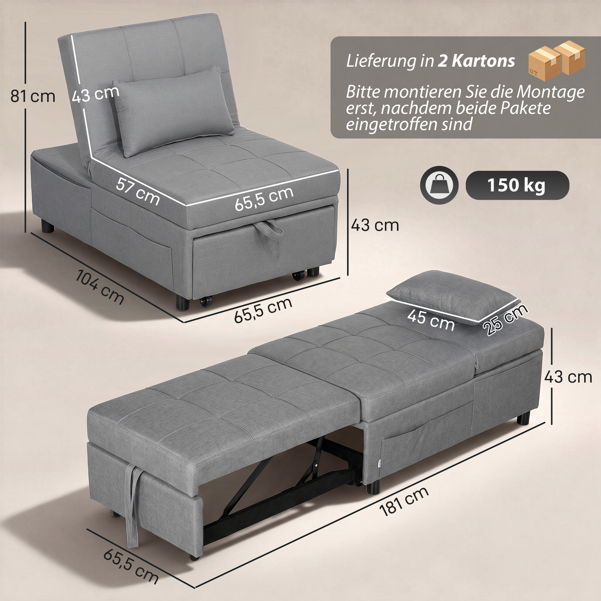3-in-1 Klappsessel mit Seitentasche, Gästebett mit Kissen, Verstellbarer Rückenlehne, Bettsessel mit Rollen, Hellgrau