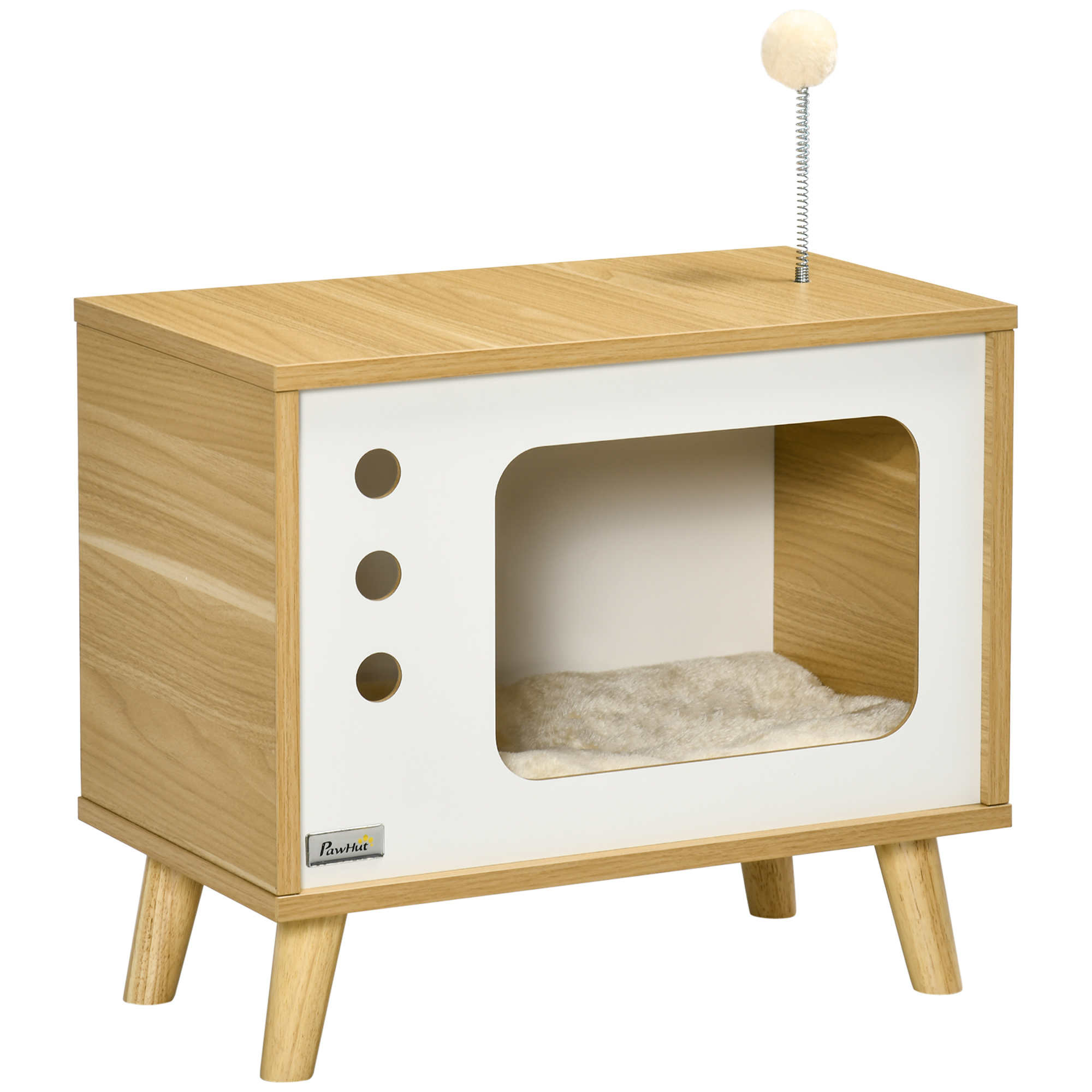 Katzenhöhle imTV-Design inkl. Spielzeug, waschbares Kissen, 50 cm x 28 cm x 43 cm, Eiche + Beige + Weiß Katzenhöhle imTV-Design inkl. Spielzeug, waschbares Kissen, 50 cm x 28 cm x 43 cm, Eiche + Beige + Weiß