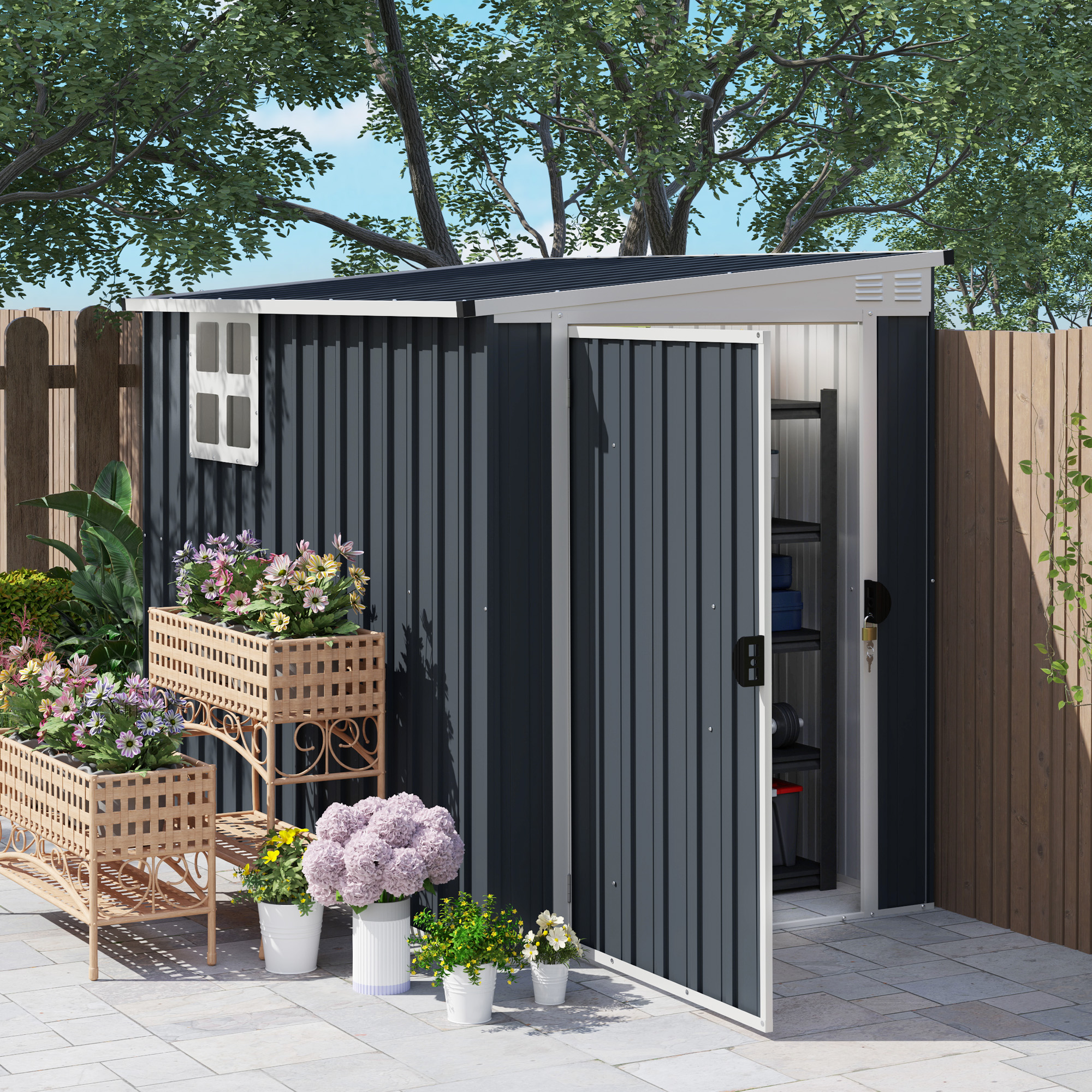Gartenlagerschuppen, Werkzeugschuppen für Gartengeräte, Fenster, Lüftungsöffnungen, abschließbar, Stahl, Dunkelgrau