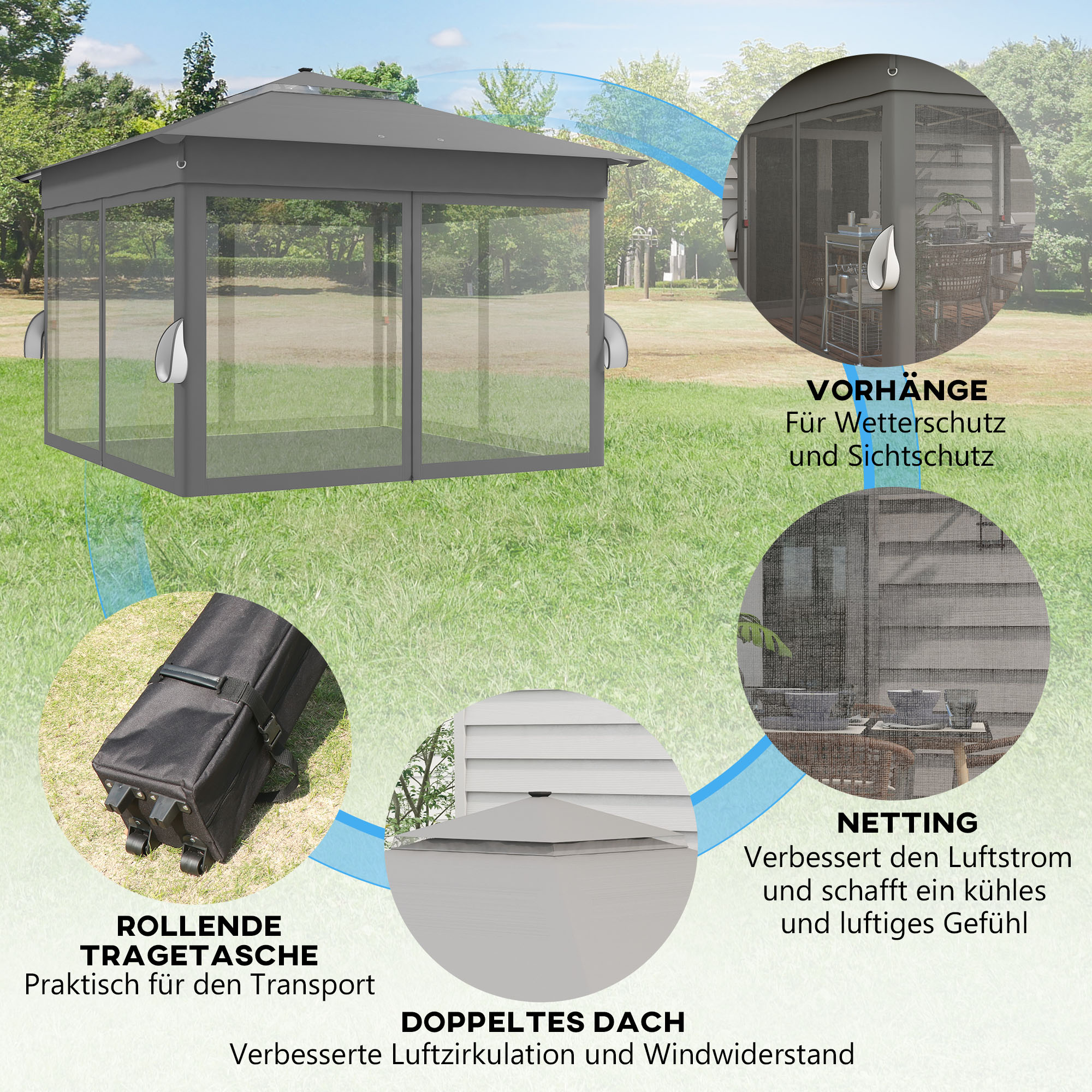 Gartenzelt mit solarbetriebenen LED´s Gartenzelt mit Beleuchtung, 336 cm x 336 cmx 270 cm, Grau