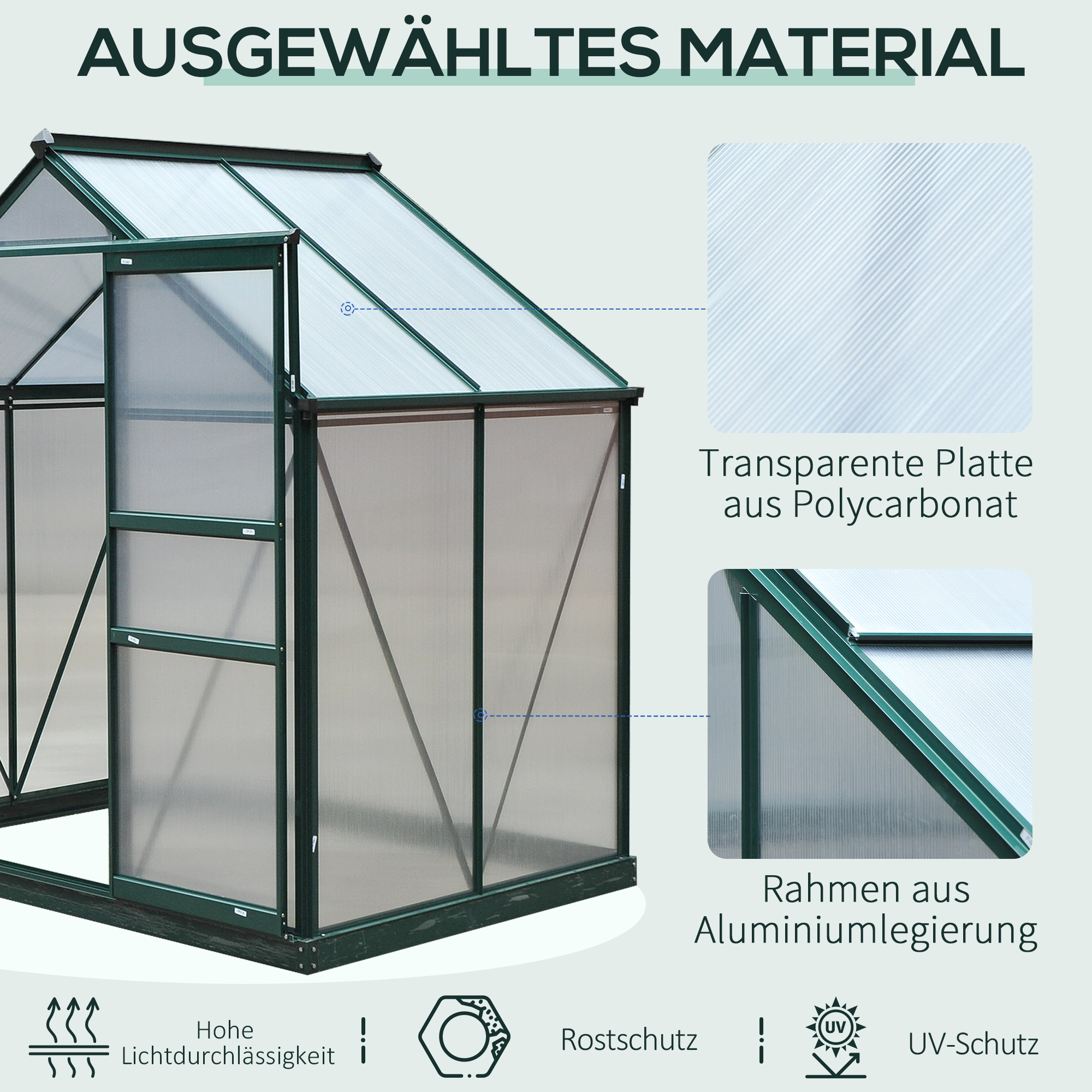 Gewächshaus mit Dachfenster Aluminium Treibhaus 190 cm x 132 cm x 201 cm Grün + Transparent