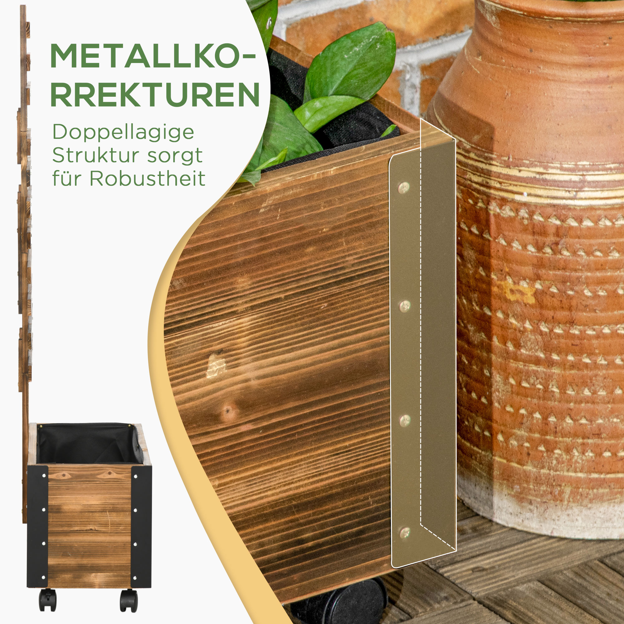 Hochbeet mit Rankhilfe, 4 Rollen, behandeltes Massivholz, 65 cm x 31 cm x 147 cm, Schwarz + Braun