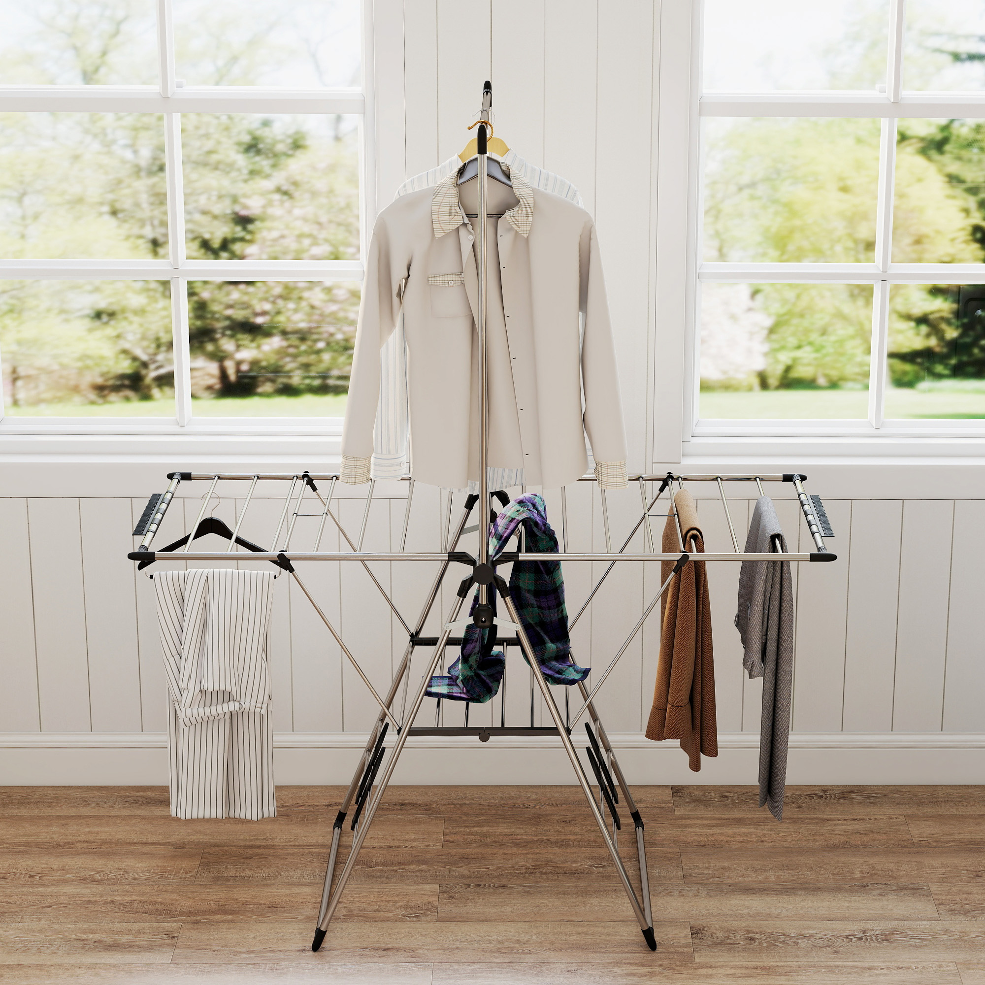 Wäscheständer faltbar Standtrockner mit verstellbare Flügel, Schuhhaltern, Edelstahl, 156,5 x 68 x 192 cm, Silber