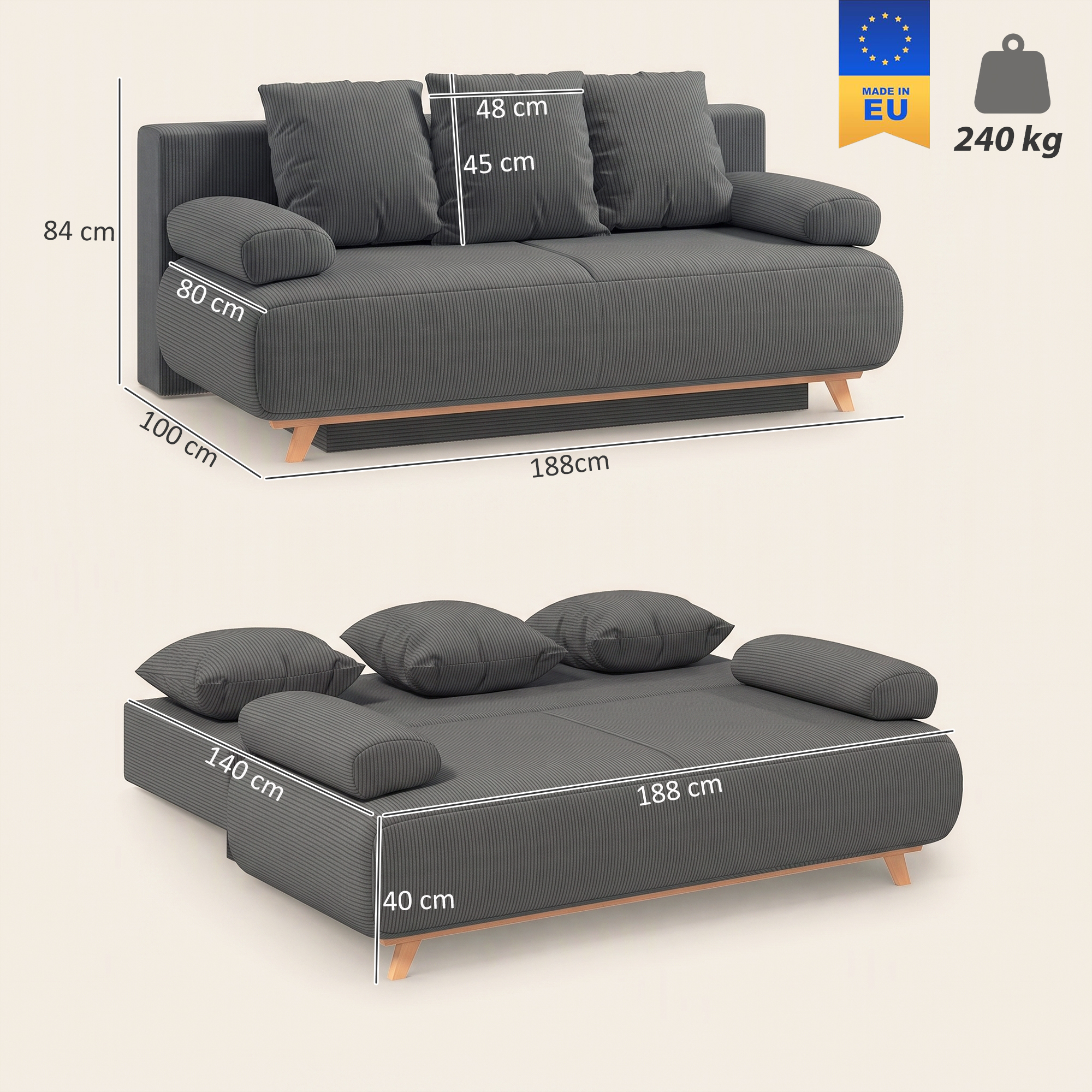 Schlafsofa mit verstellbarer Rückenlehne, Bettfunktion, verstecktem Stauraum und Cordbezug, Grau