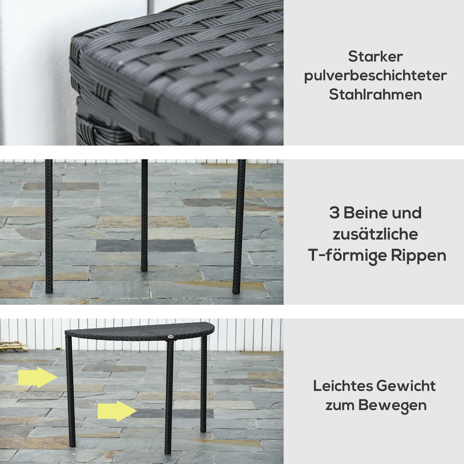 Balkontisch Garten Beistelltisch Tisch Gartenmöbel halbrund Polyrattan Metall Schwarz 100 x 50 x 74 cm