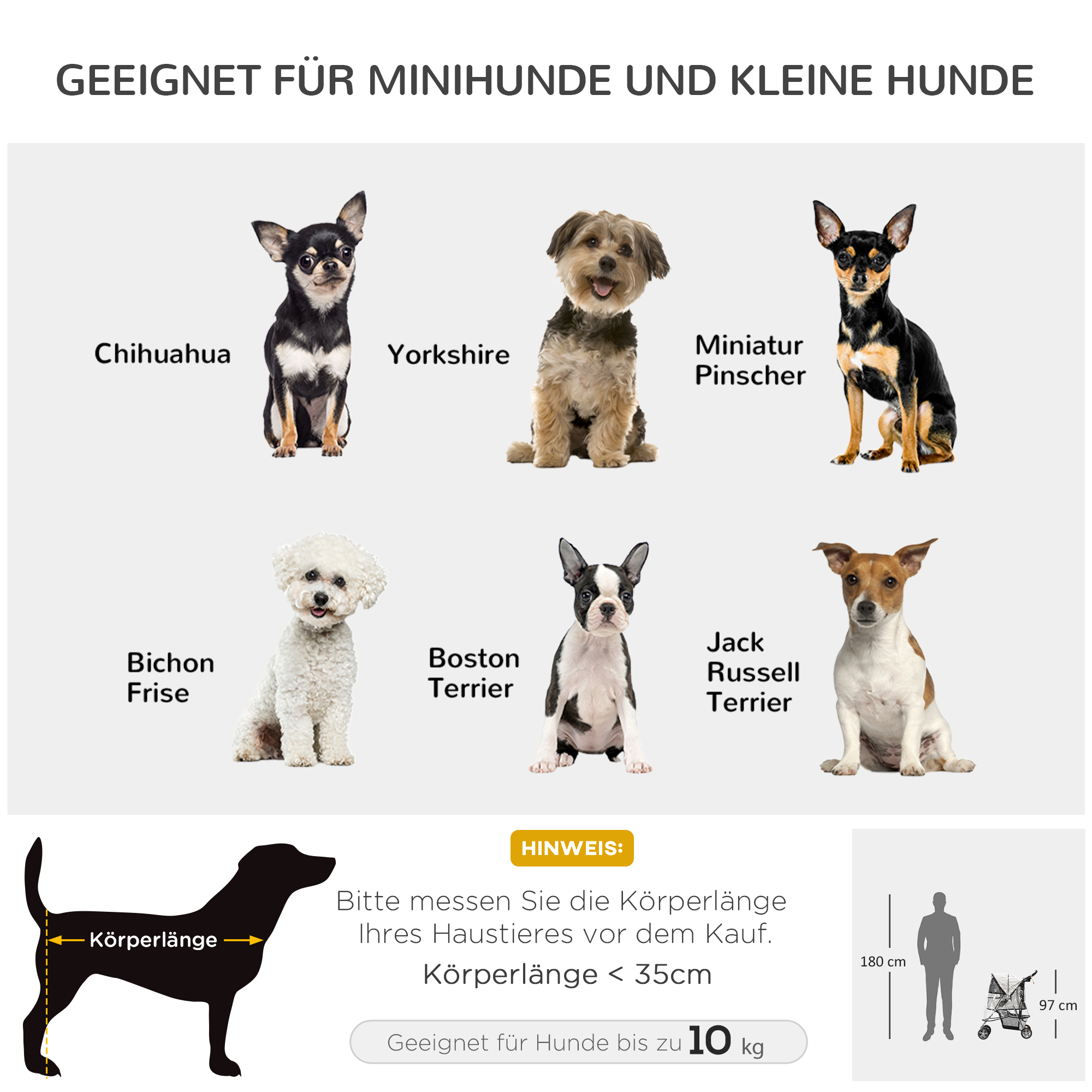 Hundebuggy Hundewagen bis 10 kg Klappbar Regenschutz Bodenkorb 2 Becherhalter 75 cm x 45 cm x 97 cm Grau