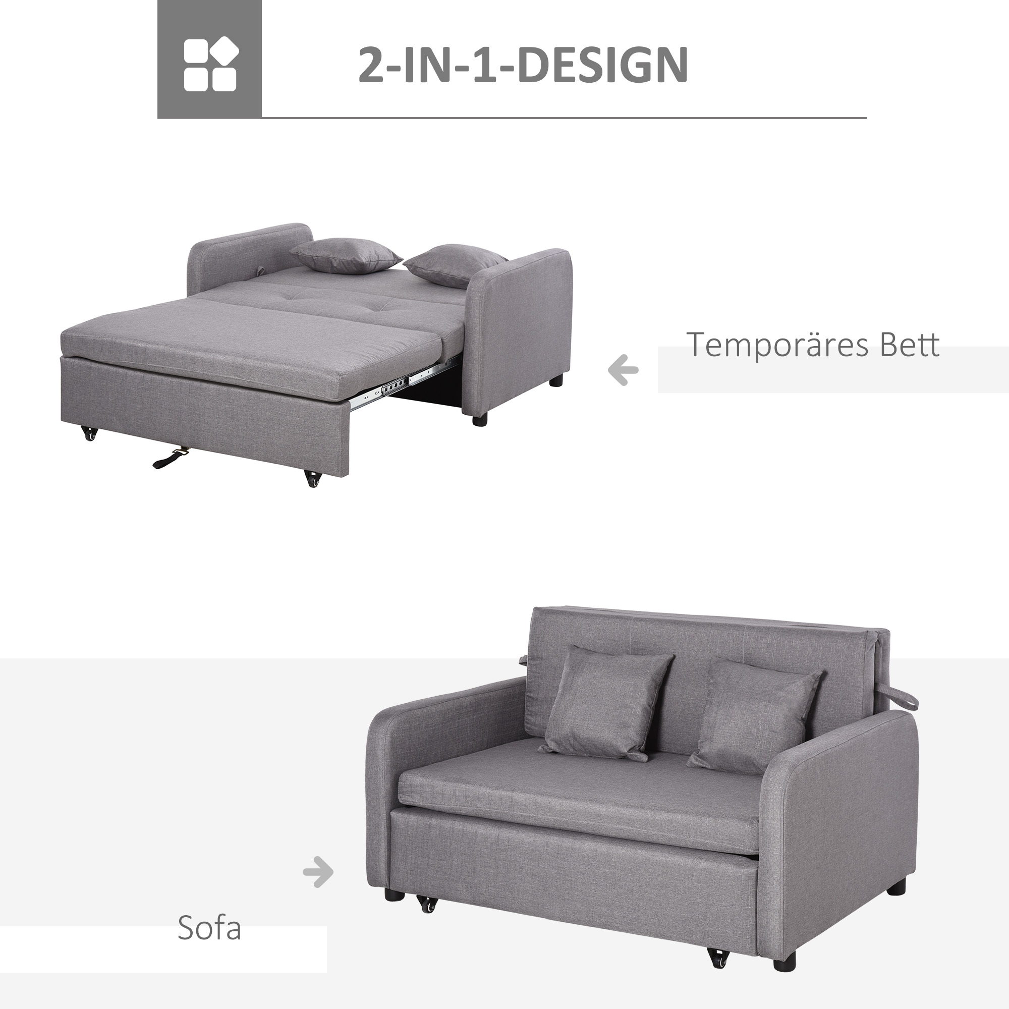 Schlafsofa für 2 Personen, mit Stauraum, leichter Umbau, flexibles Design, Grau