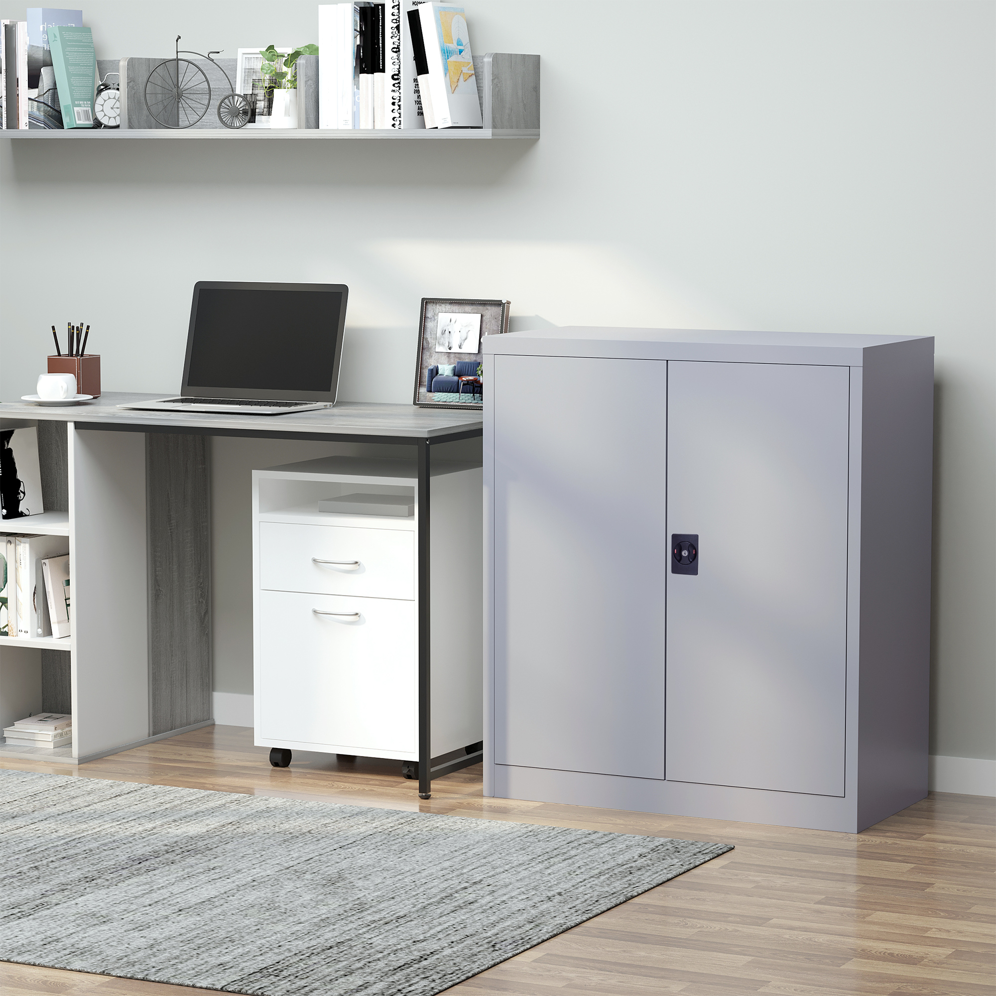Aktenschrank Stahlschrank Mehrzweckschrank mit verstellbarem Regal und Schloss für Arbeitszimmer Wohnzimmer Grau