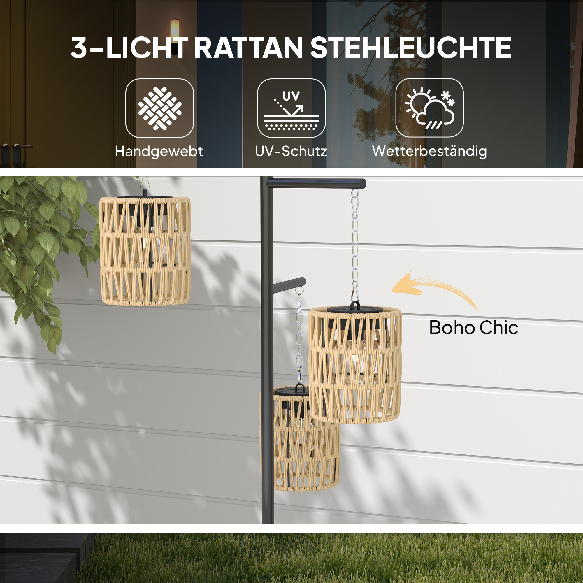Solar Stehlampe Rattan Solarlampen mit Lichtsensor 3 Lichten Automatisch im Boho-Stil IP44 Spritzwassergeschützt