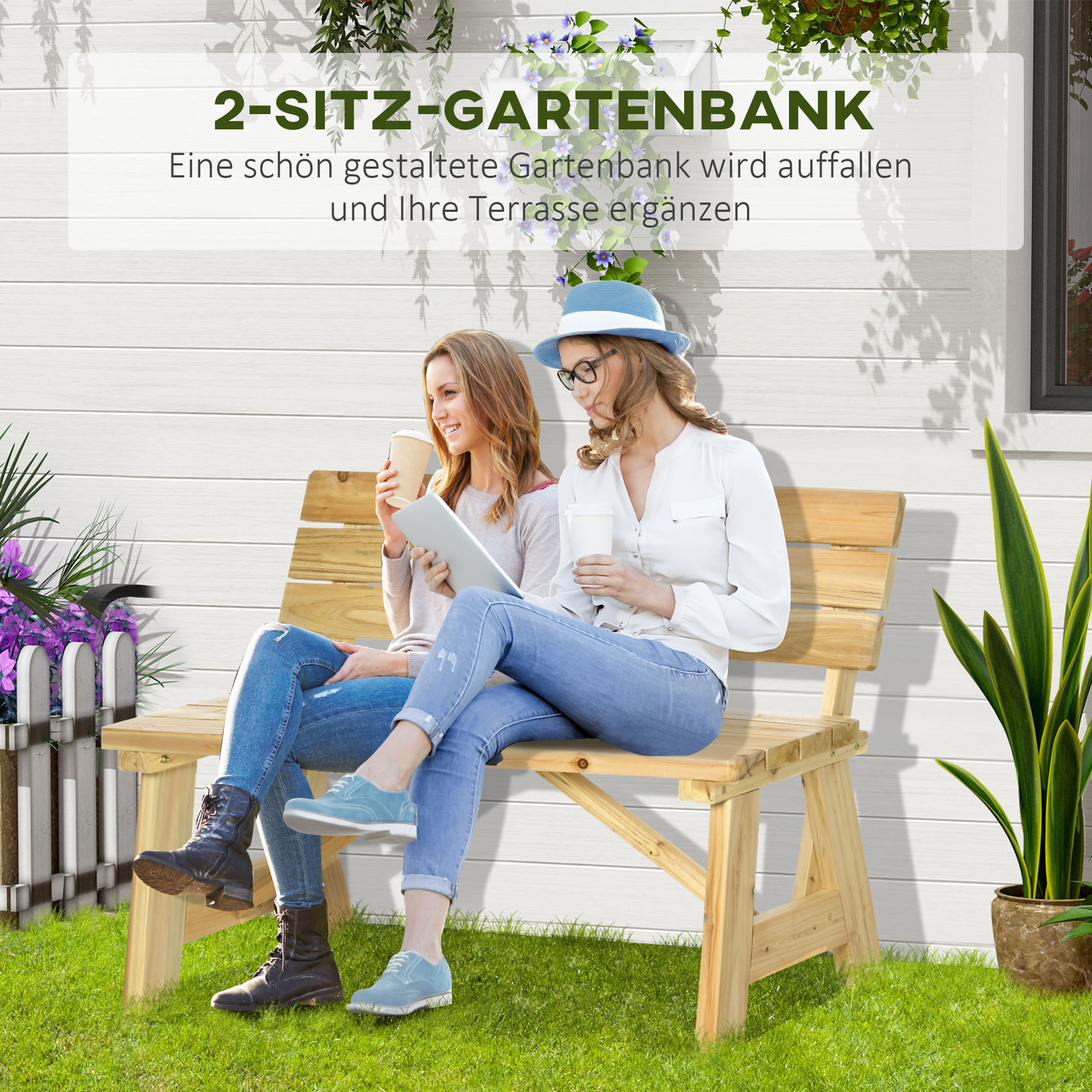 2-Sitzer Gartenbank Holz, wetterfest Sitzbank, UV-Beständig Gartenmöbel mit Rückenlehnen, Parkbank 220kg belastbar, Balkonbank, Holzbank für Balkon Terrasse, Garten, 116 x 56 x 80 cm, Natur