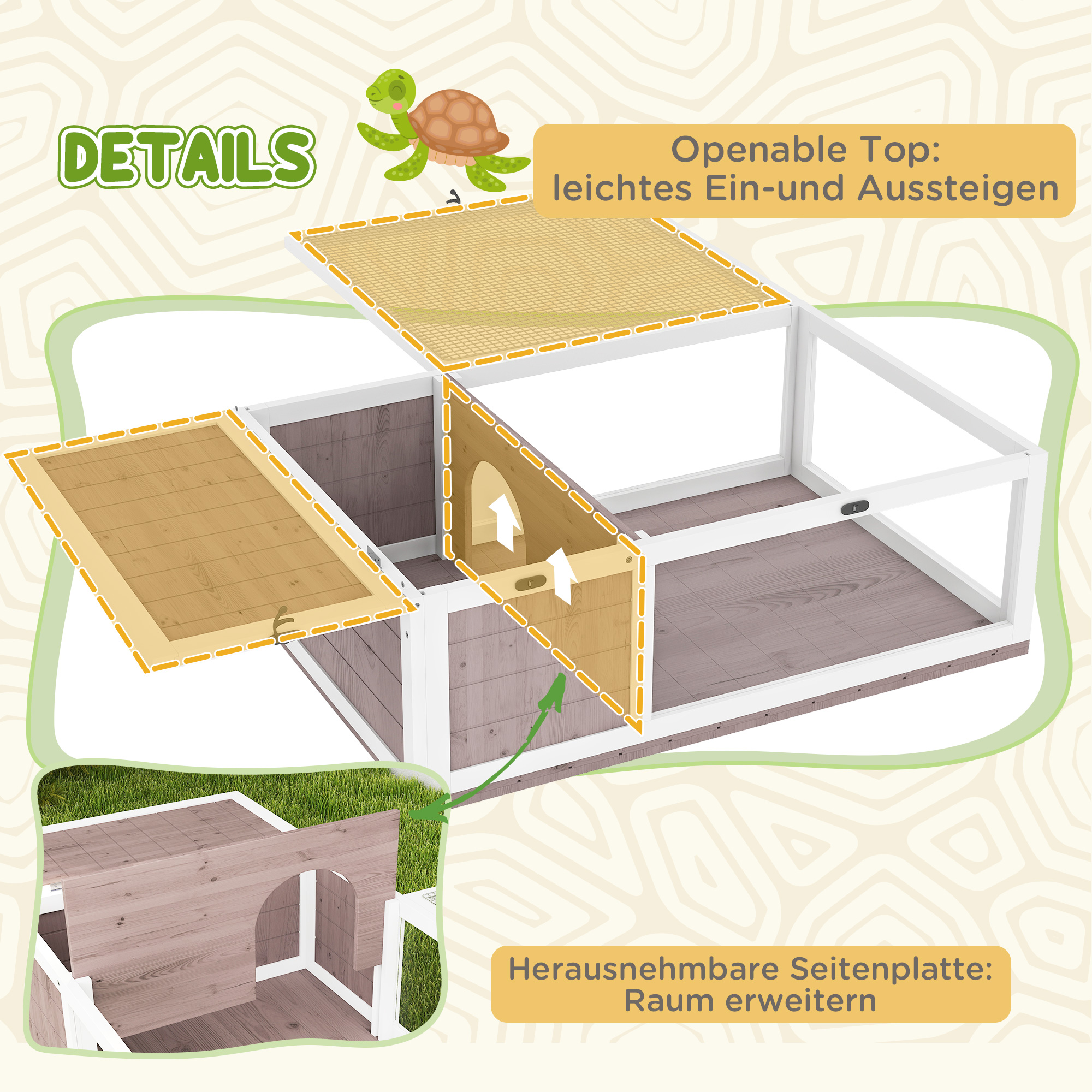 Schildkrötenhaus aus Holz Schildkrötengehege mit Haupthäusern aufklappbarem Oberseite 91x60,5x32 cm, Braun