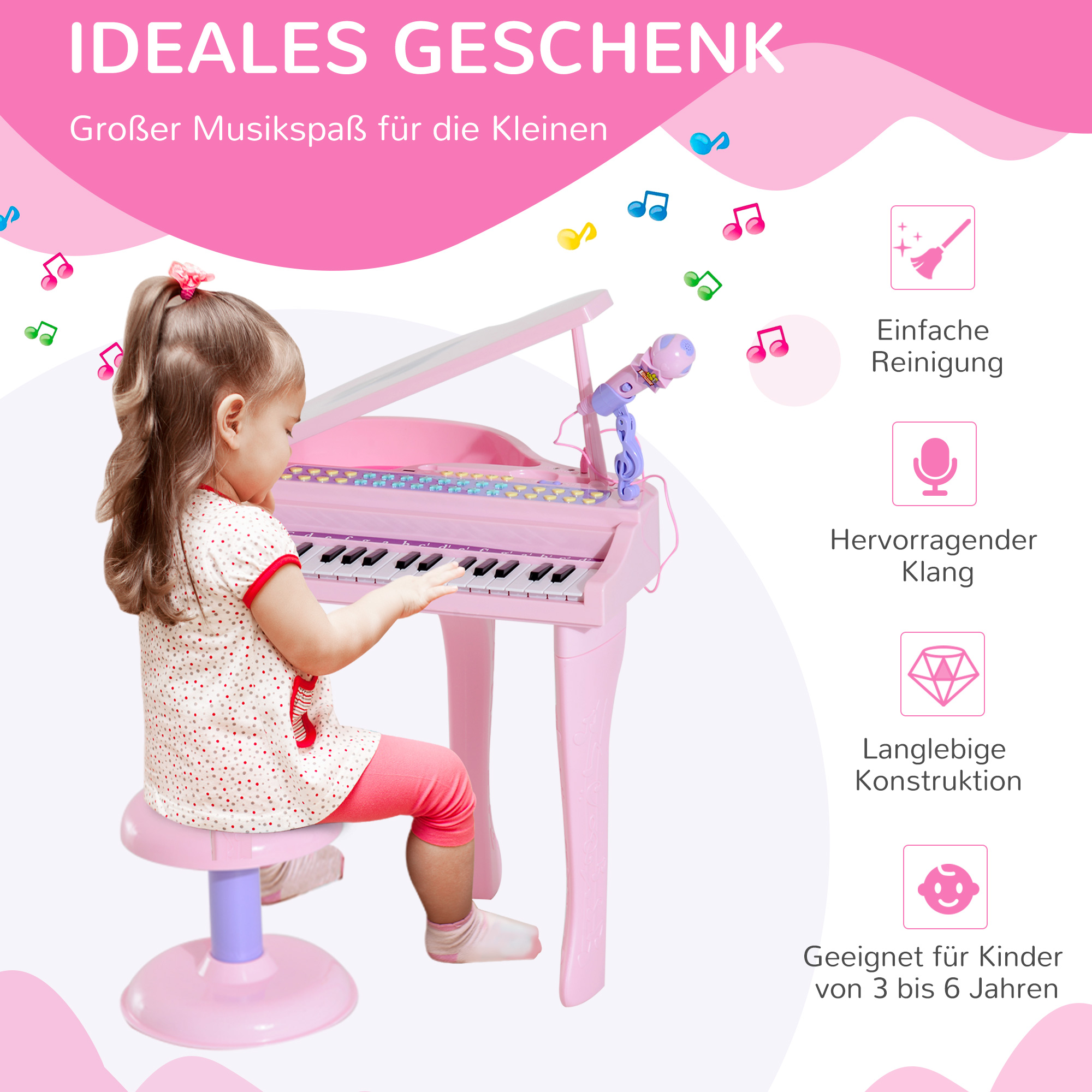Keyboard Kinder mit 37 Tasten, Hocker Klavier mit Mikrofon, LED-Lehrmodus, Aufnahme, Piano Musikinstrument für 3-6 Jahre Kinder Rosa