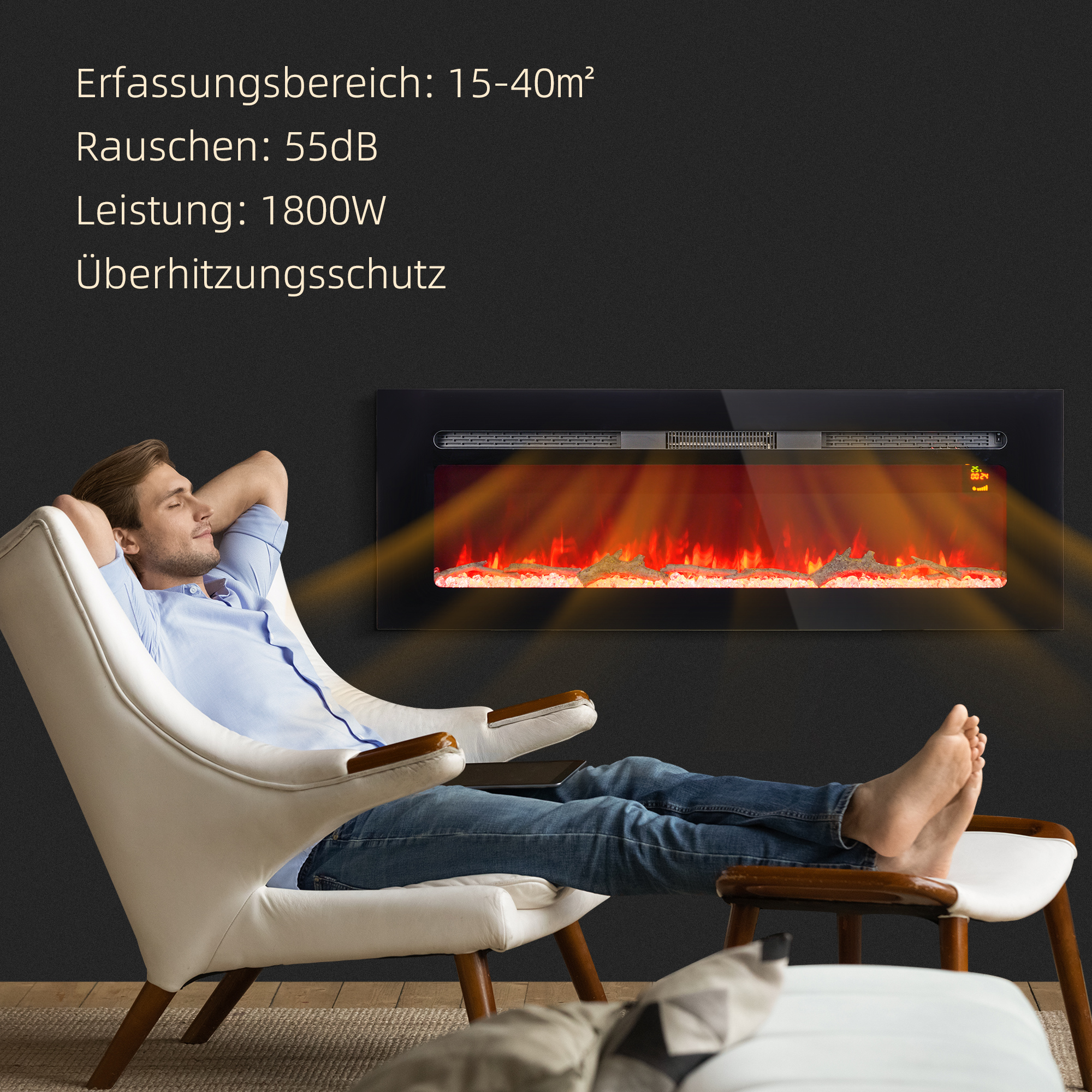 Elektrischer Kamin mit Wandhalterung und Fernbedienung, künstliche Holzscheite und Kristalle, 1800W Leistung, Schwarz
