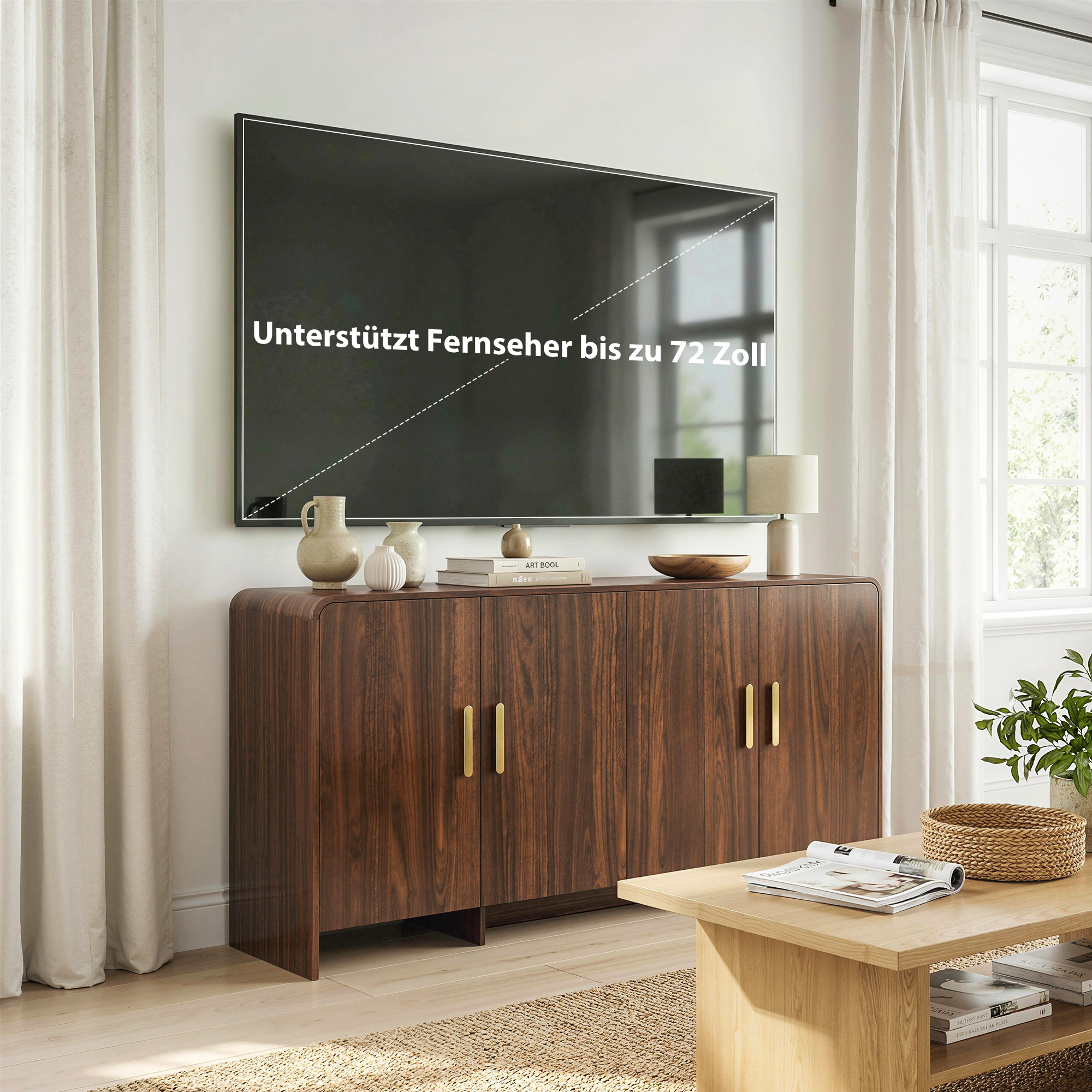 152 cm Sideboard Buffet-Schrank mit Soft-Close-Türen, TV-Schrank für Fernseher bis 72 Zoll, Walnussbraun