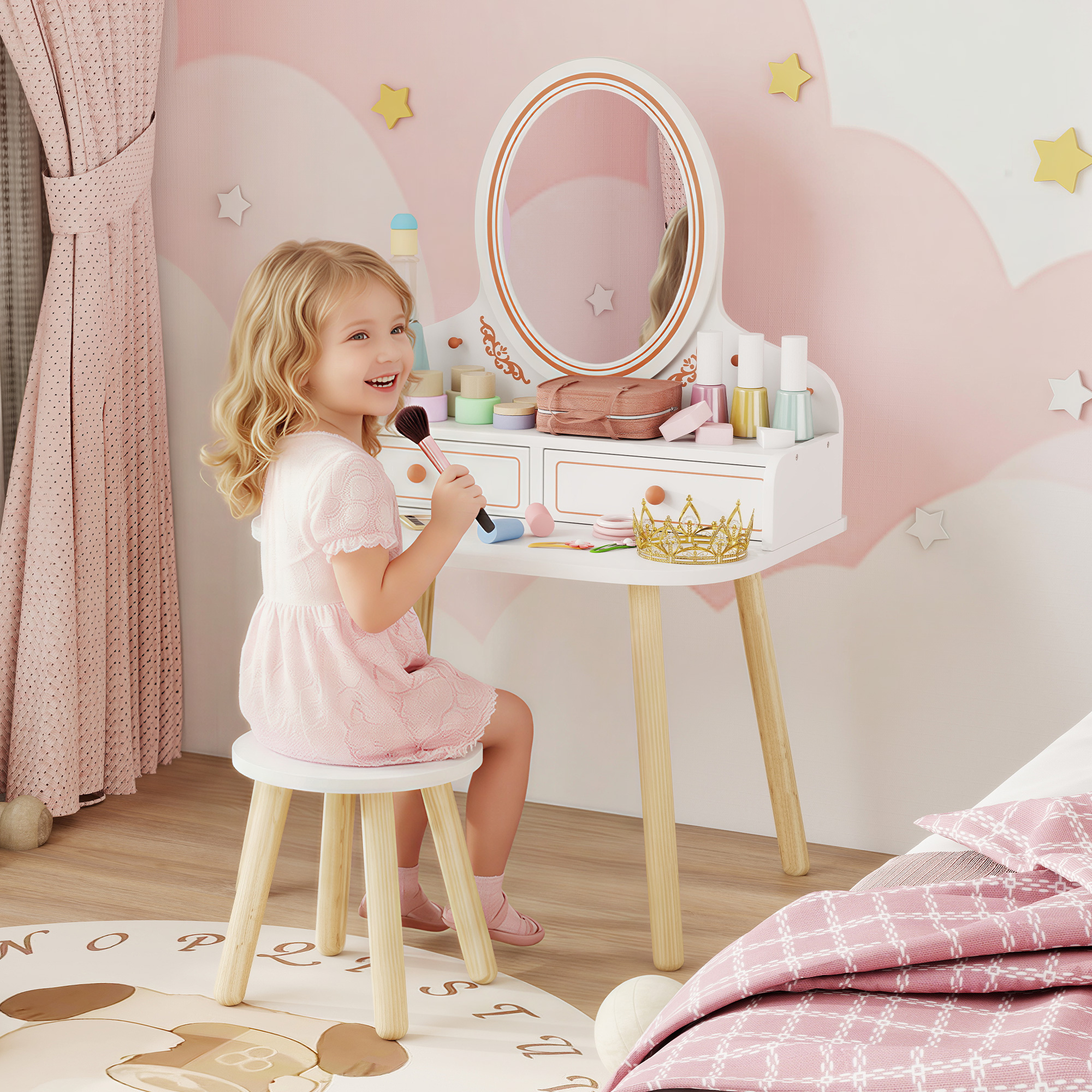 Kinder Schminktisch Set Frisiertisch mit Hocker Spiegel Schubladen Kleiderstangen für 3-8 Jahre 56 x 38 x 87,8 cm Weiß