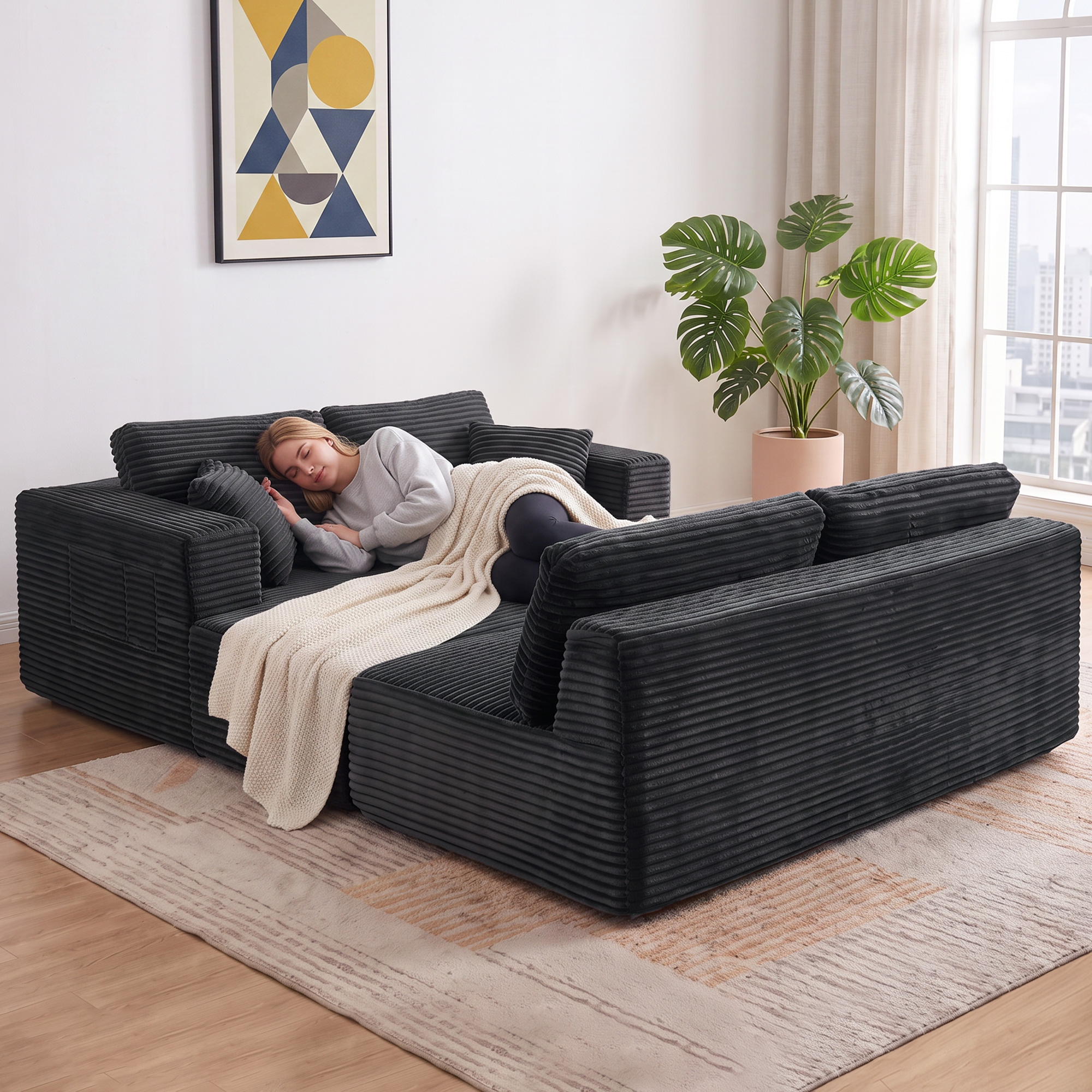 Modulares U-Sofa mit 2 Chaiselongues, Cord-Schlafsofa mit hochdichtem Schaumstoff und Federpolsterung, Dunkelgrau