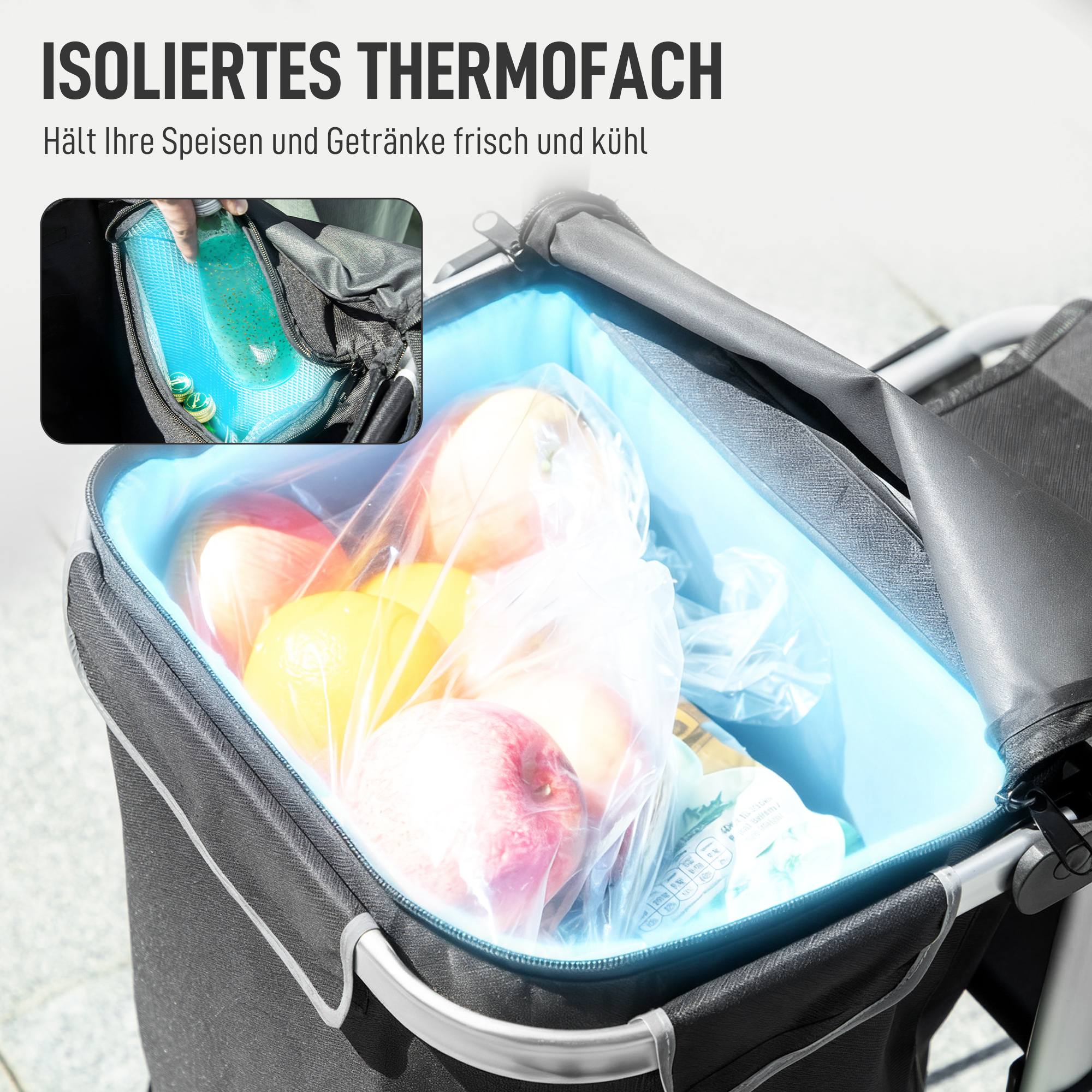 3-in-1 Einkaufstrolley klappbar mit 40L Kapazität belastbar Trolley bis 25kg mit Kühlfach Schwarz