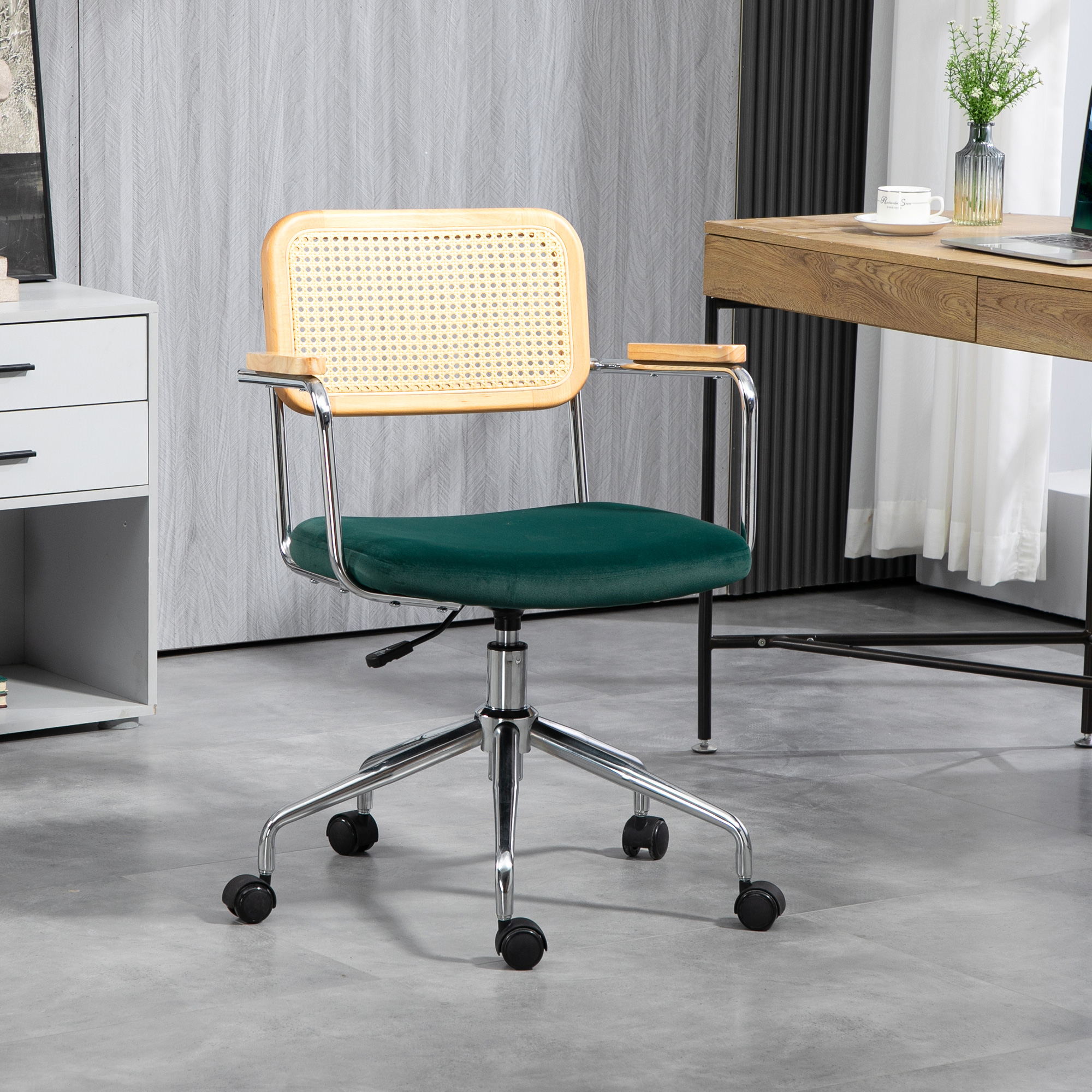 Bürostuhl, Boho-Design, Holzarmlehnen, drehbar, verstellbar, bis 120 kg, Stahl, Grün