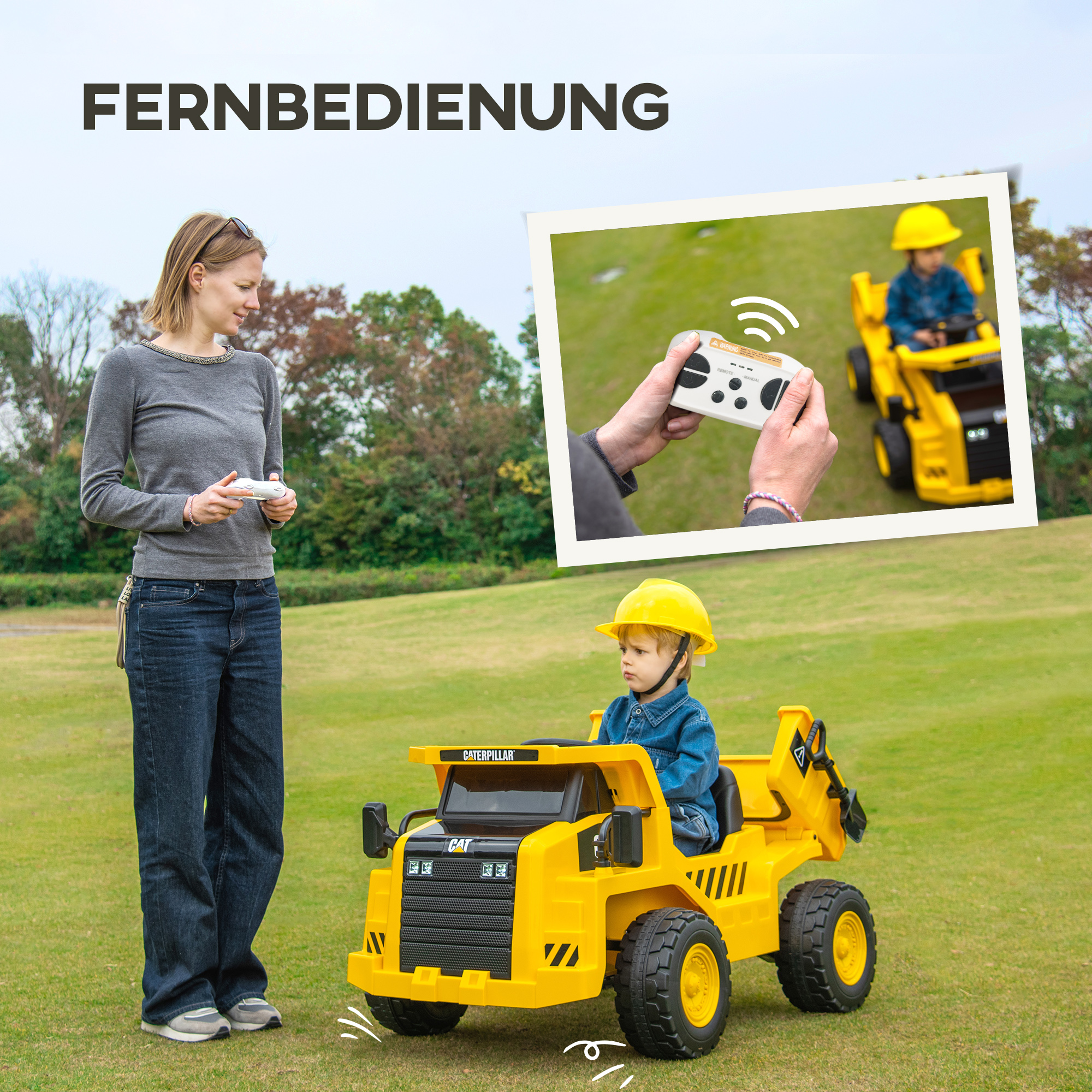 Elektro-Kinderbagger, Caterpillar Kipplaster, 3-5 km/h, mit Fernsteuerung, 3-6 Jahre, Gelb
