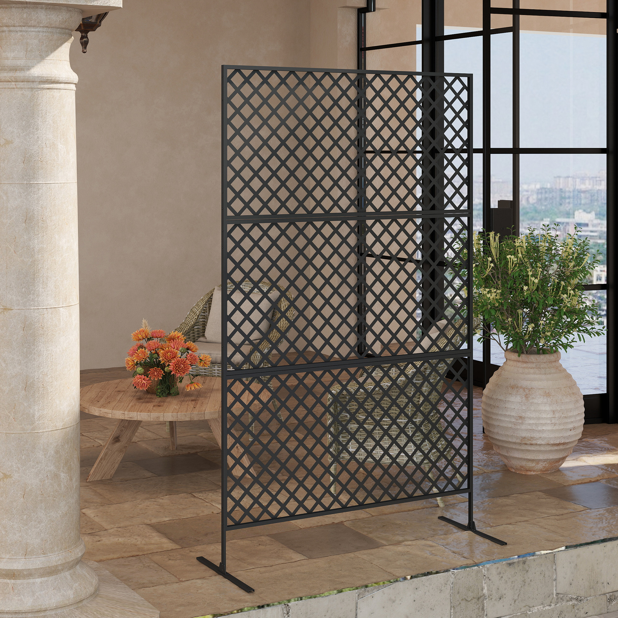 Outdoor-Raumteiler, Metall-Wandschirm für Terrasse, Veranda, Garten, Freistehendes Rankengitter, Stahl, Schwarz