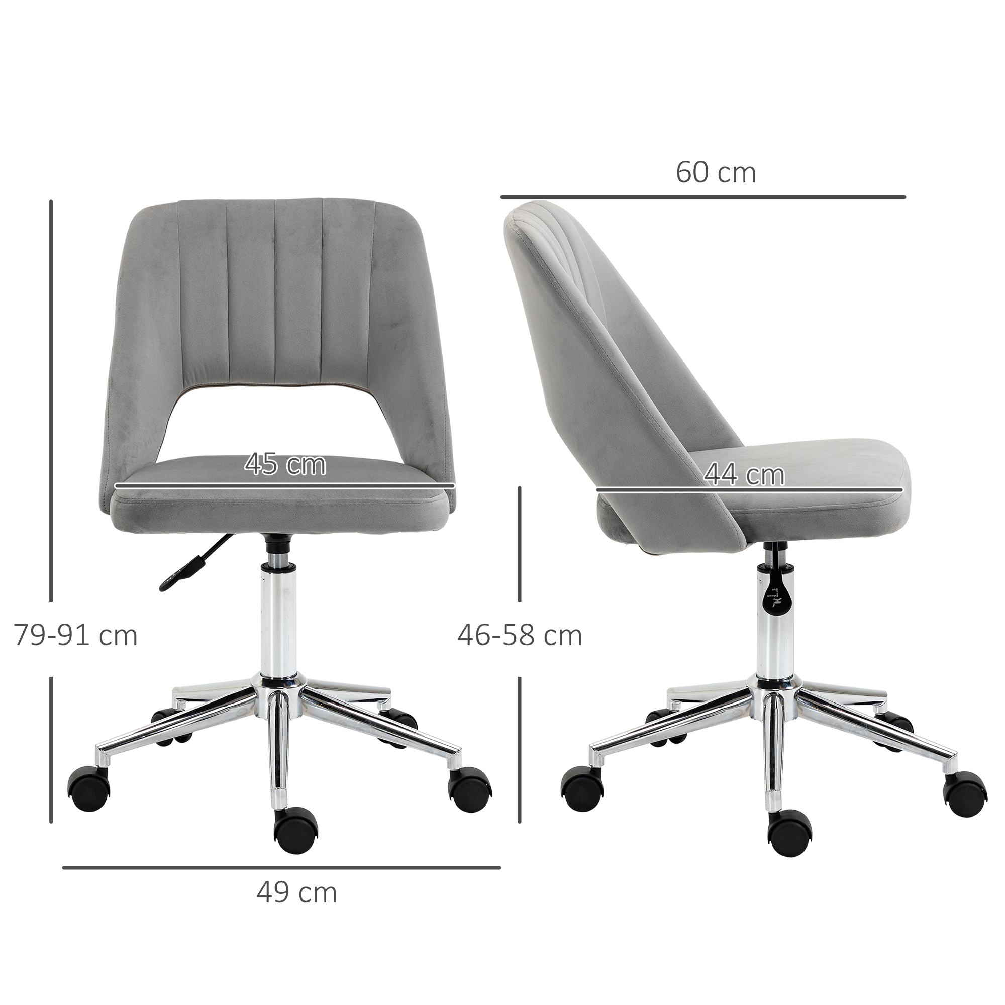 höhenverstellbarer Schreibtischstuhl mit Rollen, 360° drehbar, Jakobsmuschel-Form, Schaumstoff, 49 x 60 x 79-91 cm, Grau