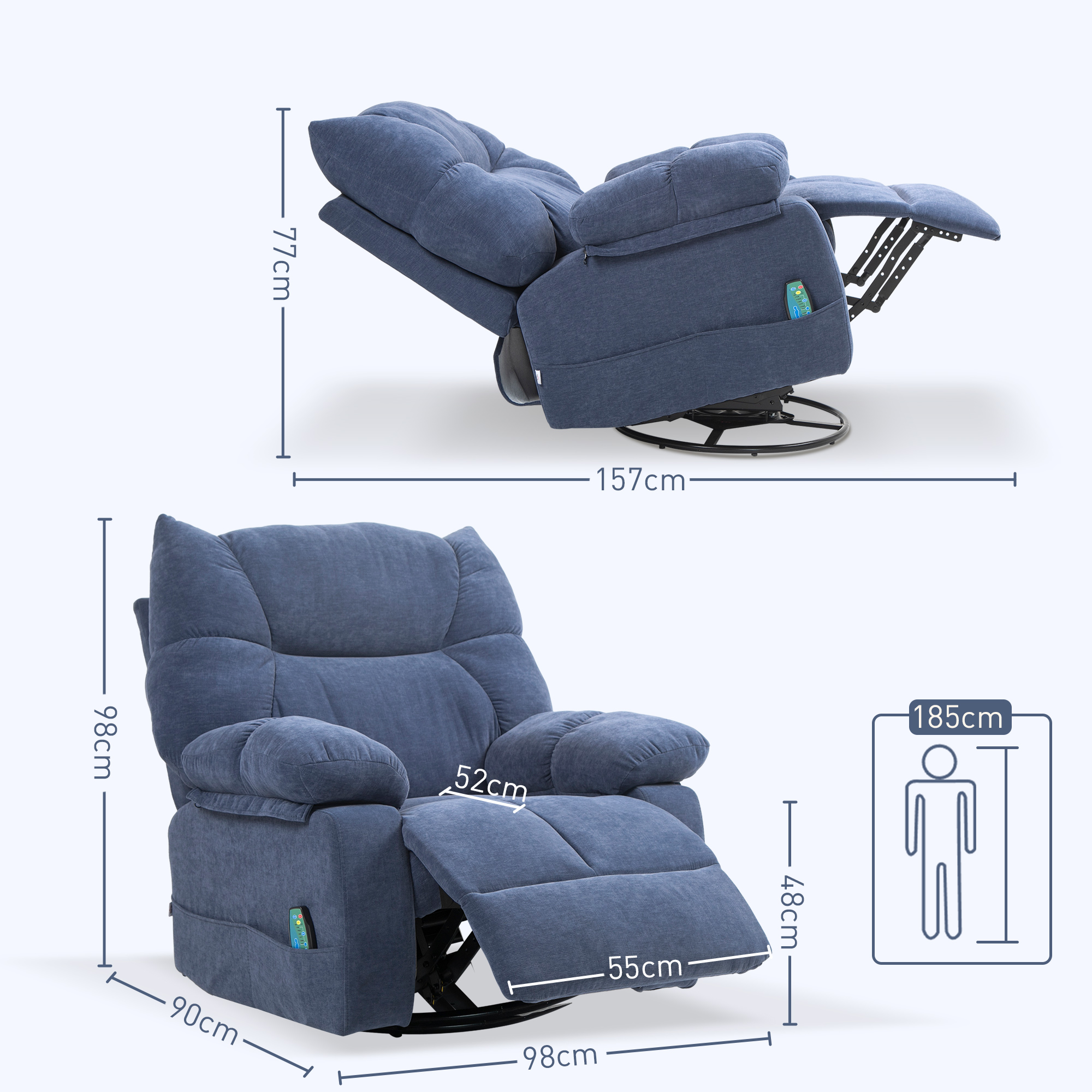 Massagesessel mit Wärme- & Liegefunktion, drehbar, bis 150 kg, Metallgestell, 98x90x98cm, Blau