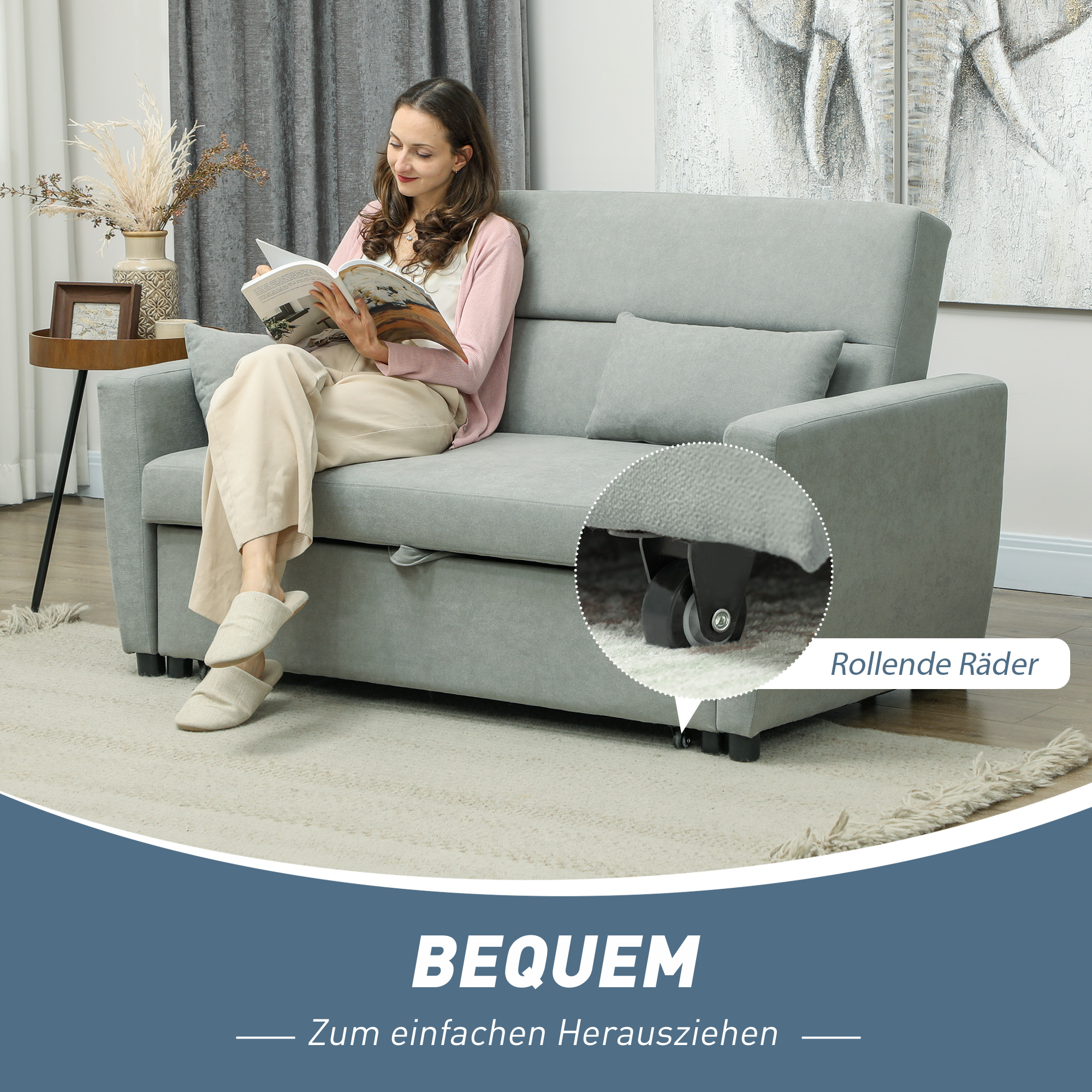 2-Sitzer Sofa mit Bettfunktion, Verstellbarer Rückenlehne, Polstersofa, Samtoptik, für Wohnzimmer, Schlafzimmer, Hellgrau
