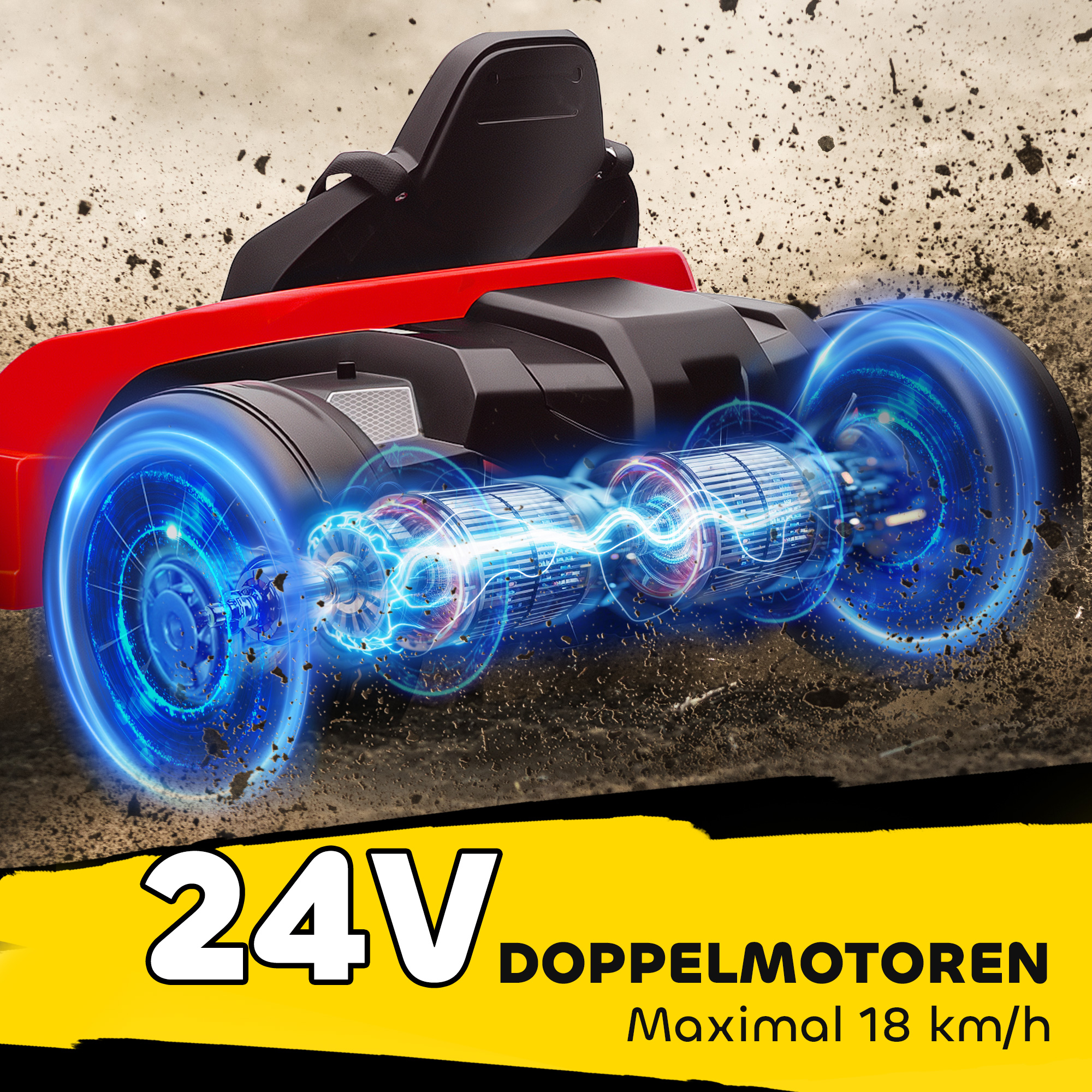 24V Elektrisches Go-Kart, Drift-Modus, verstellbarer Sitz, 5-Punkt-Sicherheitsgurt, Musikfunktion, 6-12 Jahre Rot
