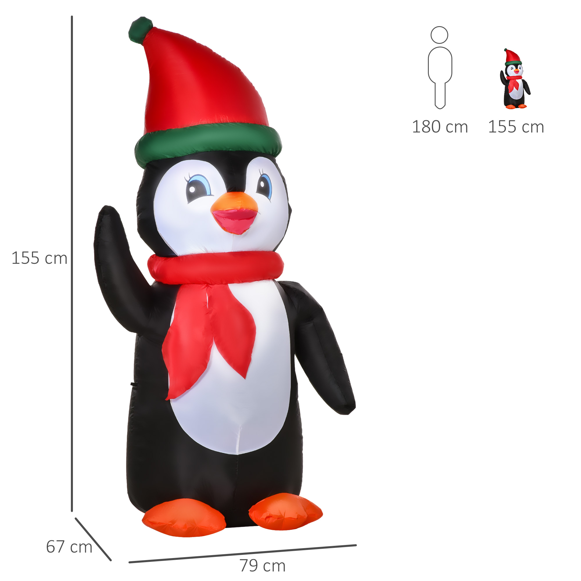 155cm aufblasbarer Weihnachtspinguin Weihnachtsdeko mit 3 Eingebauten Lichtern, Aufblasbare Weihnachtsdekoration für Innen Außen Garten Party Hof