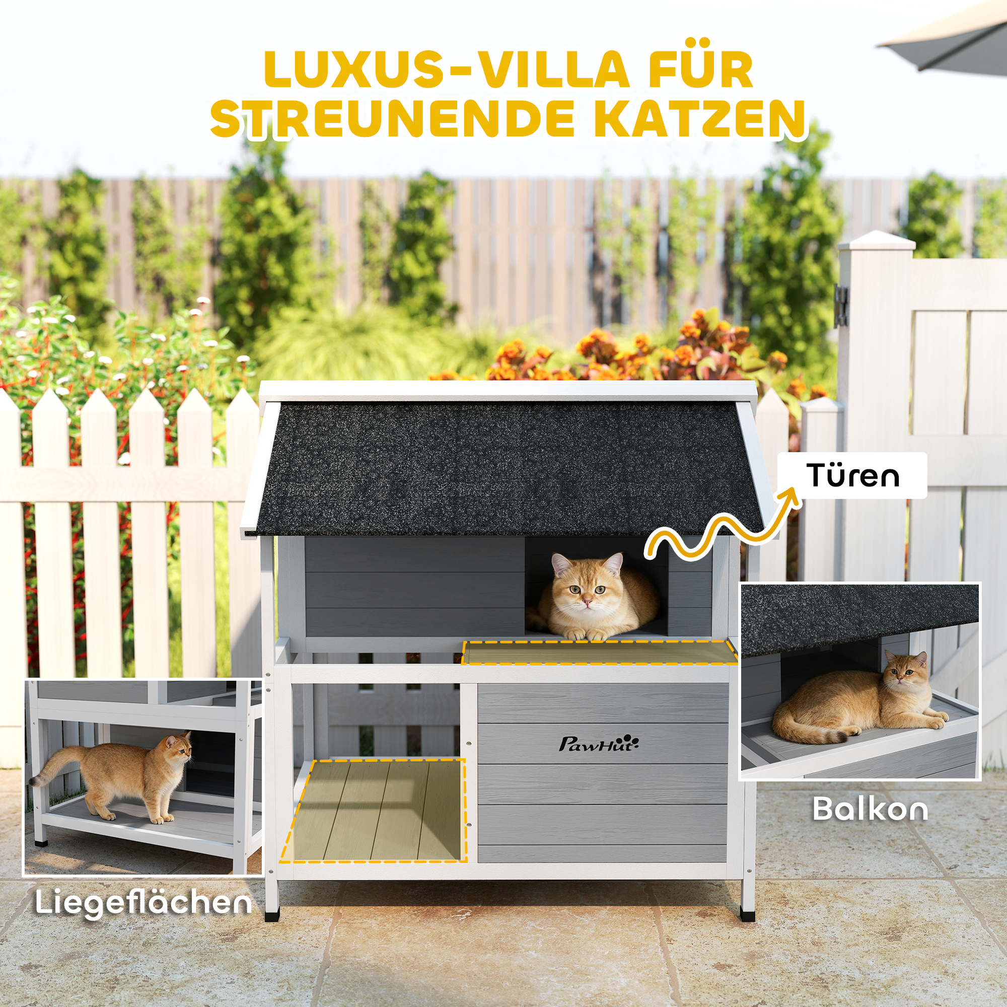 Outdoor-Katzenhaus, Katzenzuflucht für den Außenbereich, wasserfest, aufklappbares Dach, Fichtenholz, 80 x 93 x 95, Grau