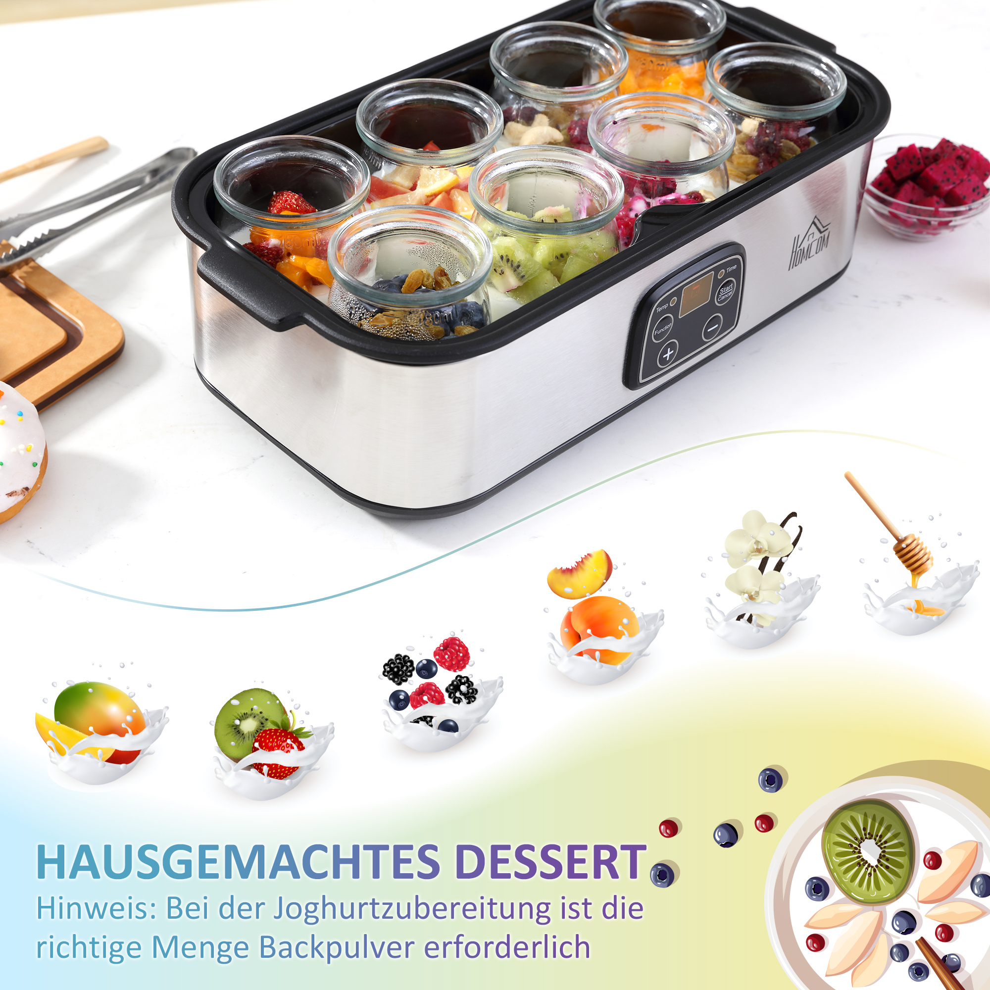 Joghurtbereiter, griechische Joghurtmaschine mit Deckel, 8 BPA-freier Glas-Innenbehälter à 180 ml, Joghurt Maker mit LCD Display Timer, für bis zu 1,4 Liter Joghurt 25 W Silber