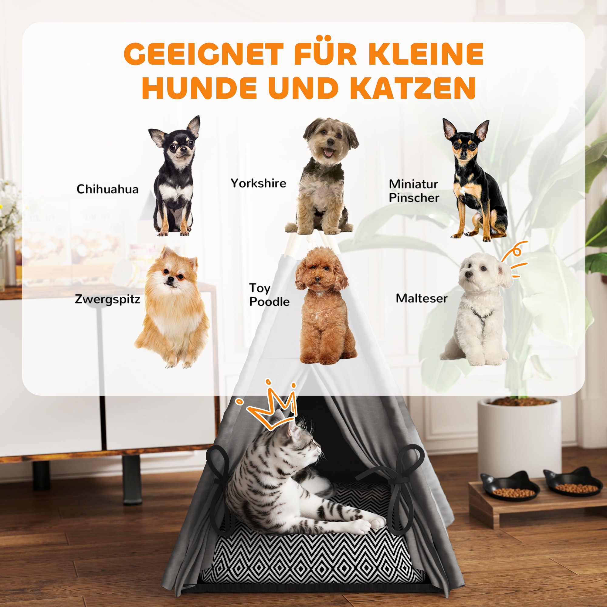Tipi-Zelt für Haustiere, Tierbett im Tipi-Design, Katzenzelt mit Kissen, Hundebett zum Schlafen, Katzenbett, Grau