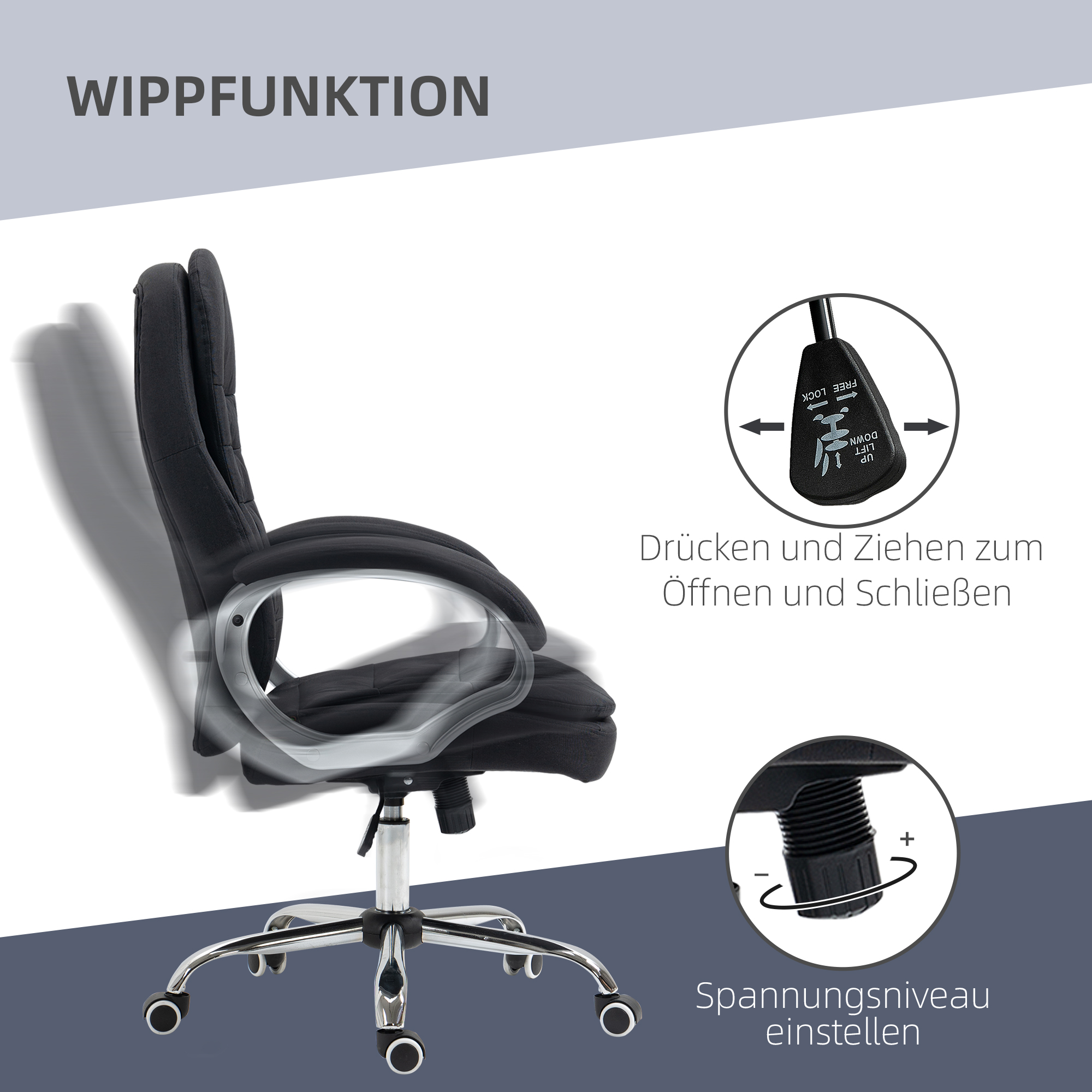 Bürostuhl Arbeitsstuhl Schreibtischstuhl Drehstuhl 360° Ergonomisch Wippfunktion Höhenverstellbar Schwarz Leinen 64 x 75 x 111-121 cm